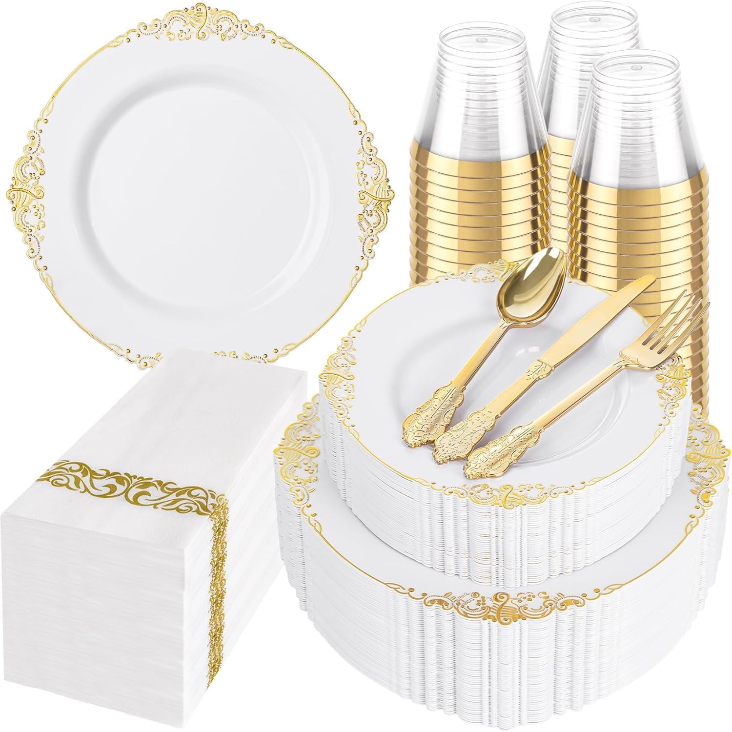 Imagen de Hioasis 350pcs White and Gold Baroque Party Plates Set for 50 Guests en OfertitasTOP