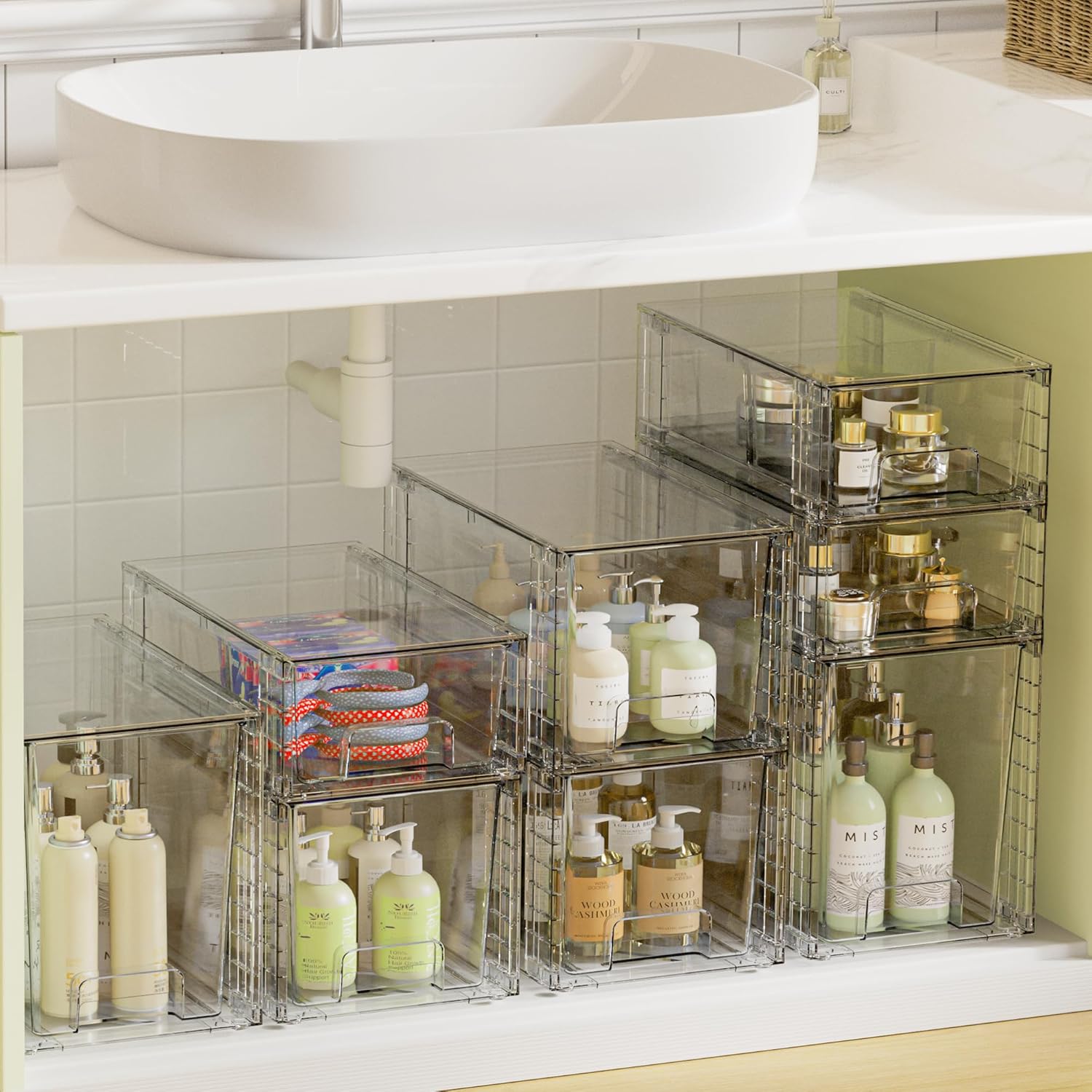 Detalle 2 de Vtopmart 3er-Set Stapelbare Klare Aufbewahrungs-Schubladen mit Griffen – Transparente Acryl-Boxen für Küche, Bad, Schrank & Unterm Waschbecken
