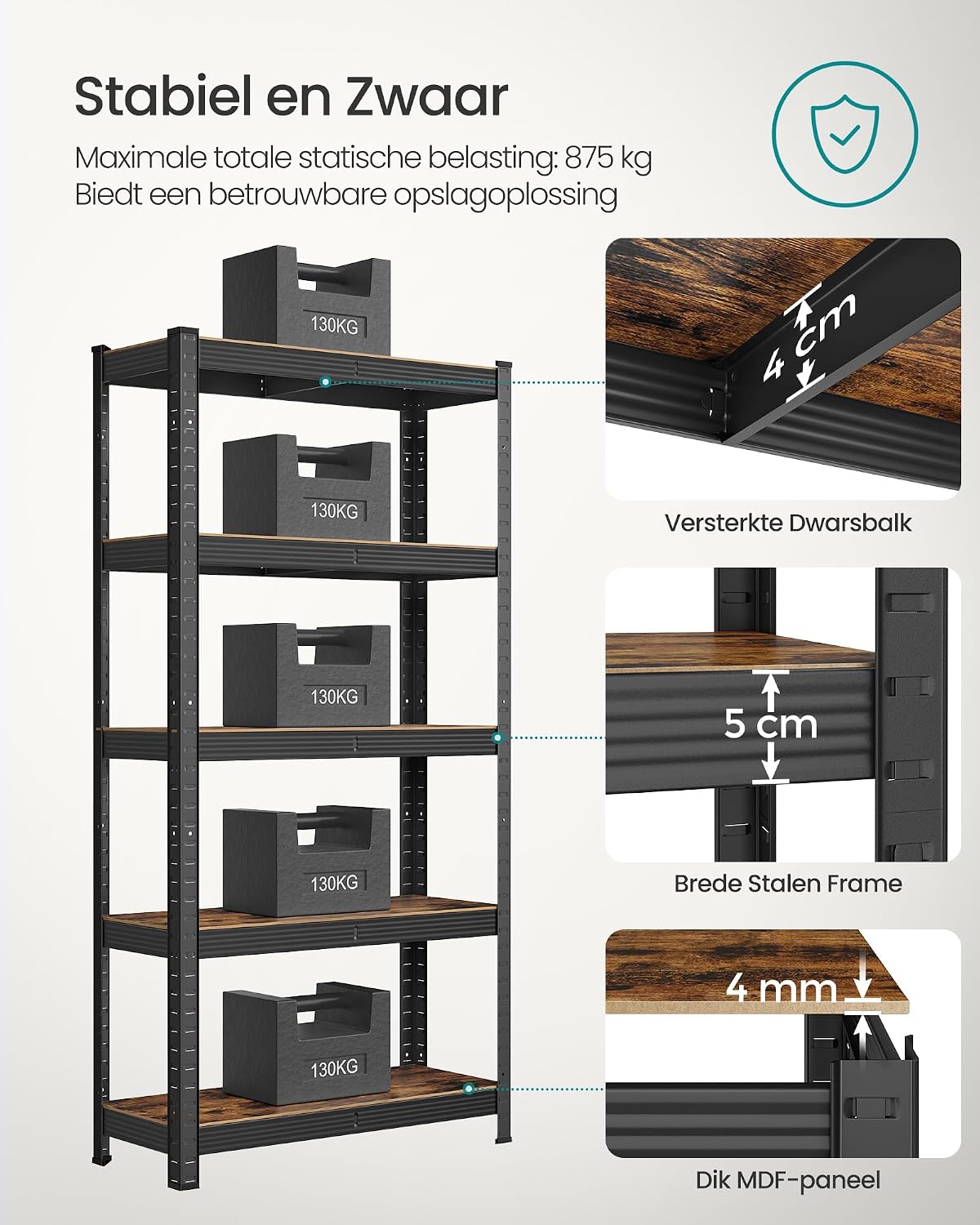 Detalle de SONGMICS COZORY GLR030B01 opbergrek, 5 verstelbare legplanken, 650 kg