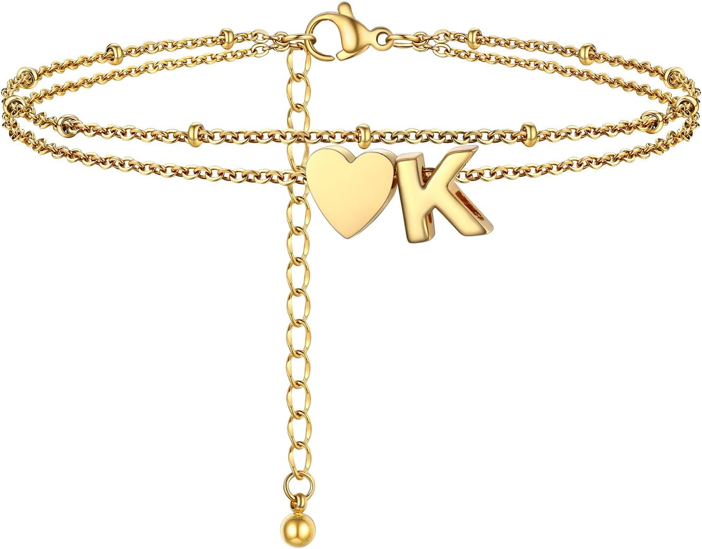 Detalle de PROSTEEL bracelet de cheville plaqué or, chaîne double rang avec cœurs et lettres, ajustable 22+5 cm