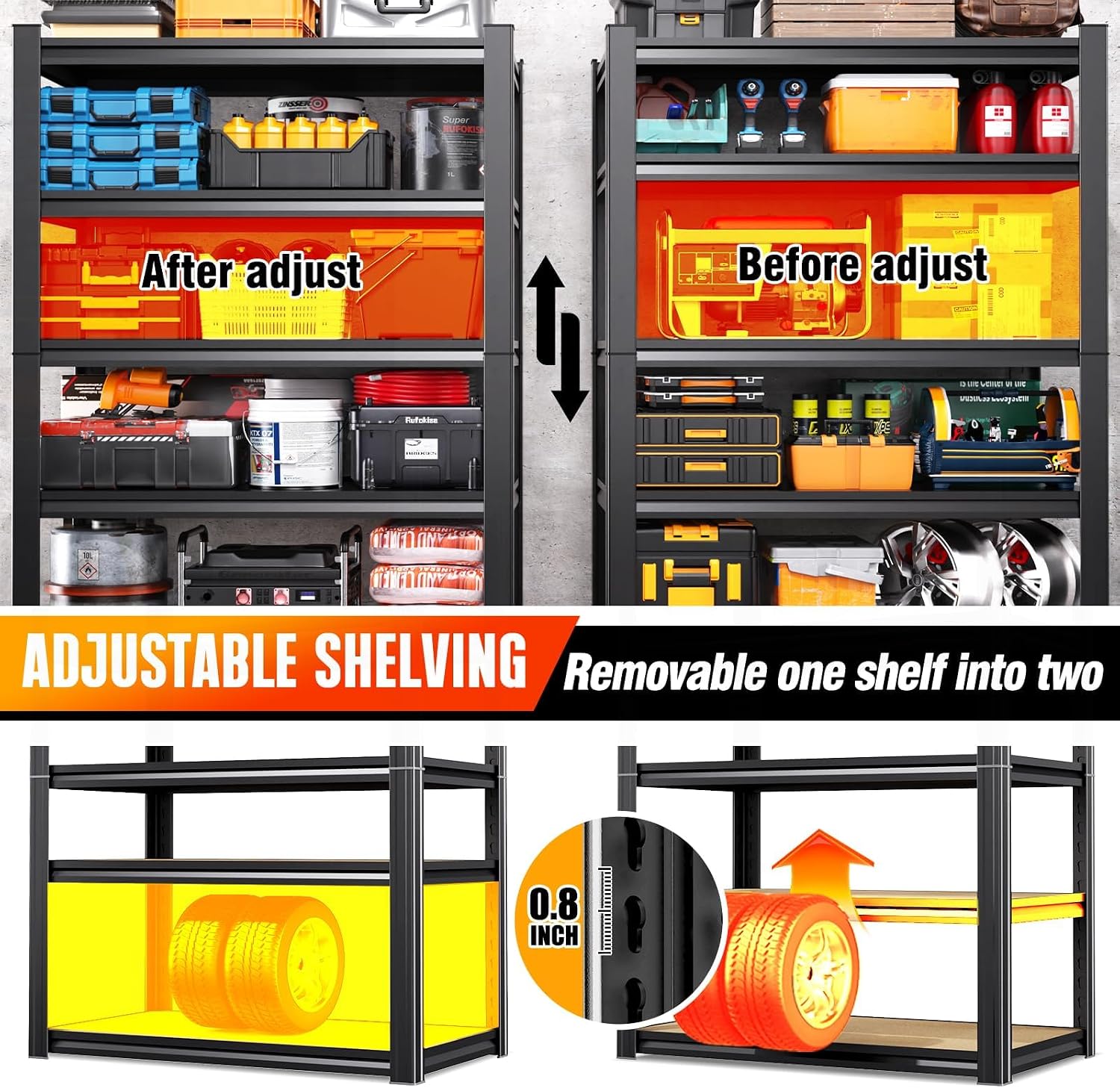 Detalle de KORVENA garage shelving-900 2-Pack Adjustable Metal Garage Shelves, 5-Tier