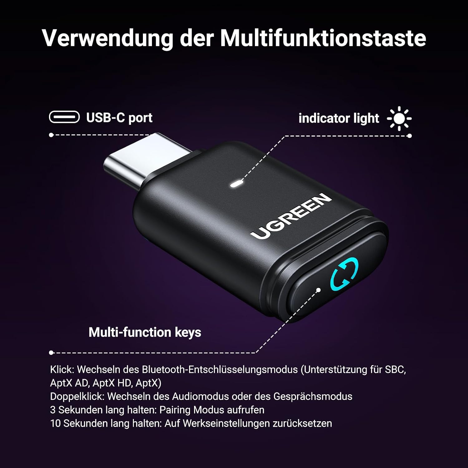 Detalle 2 de UGREEN USB C aptX 5.3 Bluetooth Audio Adapter – Plug & Play (Audio) für PS5, Switch, PC/Laptop