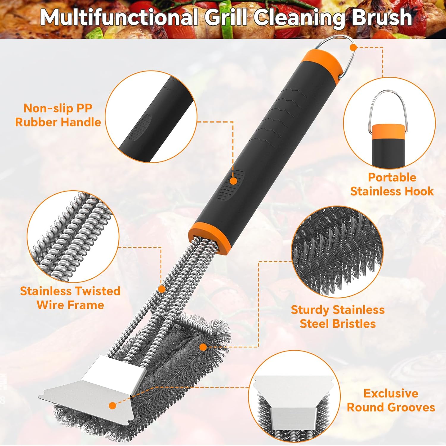 Detalle de Fixmend 2-Pack BBQ Grill Brushes, 15-Inch Stainless Steel with Scraper