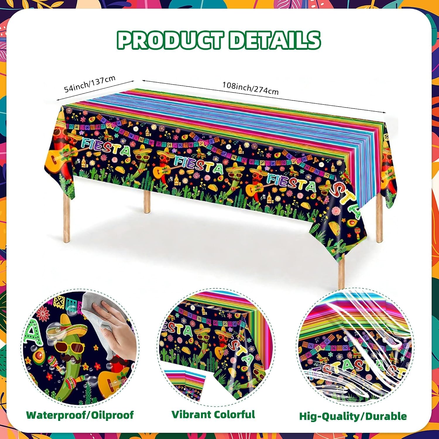 Detalle 2 de Mexican Fiesta Disposable Tablecloth 54 × 108 Inches