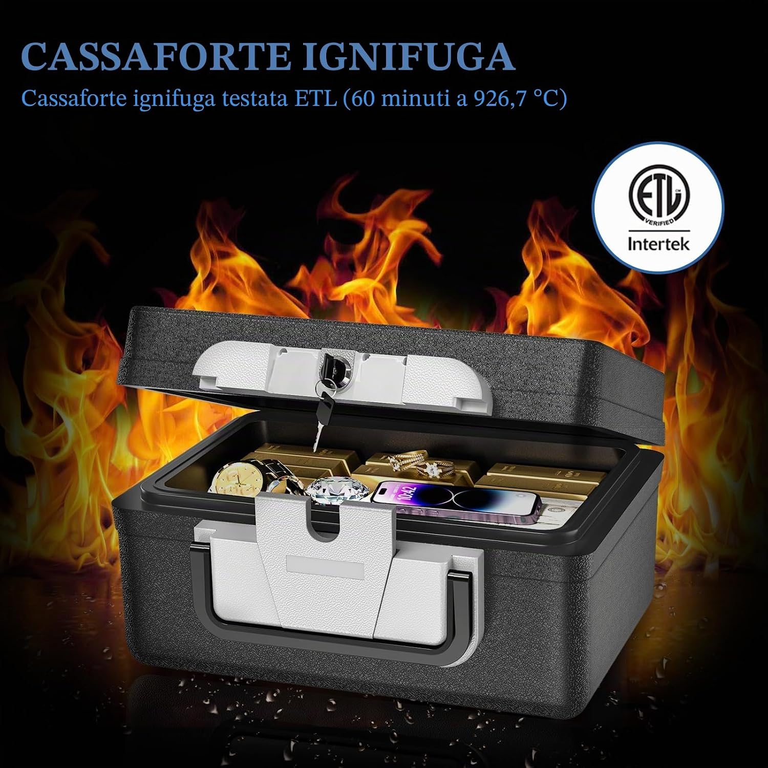 Detalle de WASJOYE 21L cassaforte portatile con chiave: protezione ignifuga e impermeabile per viaggi e ufficio