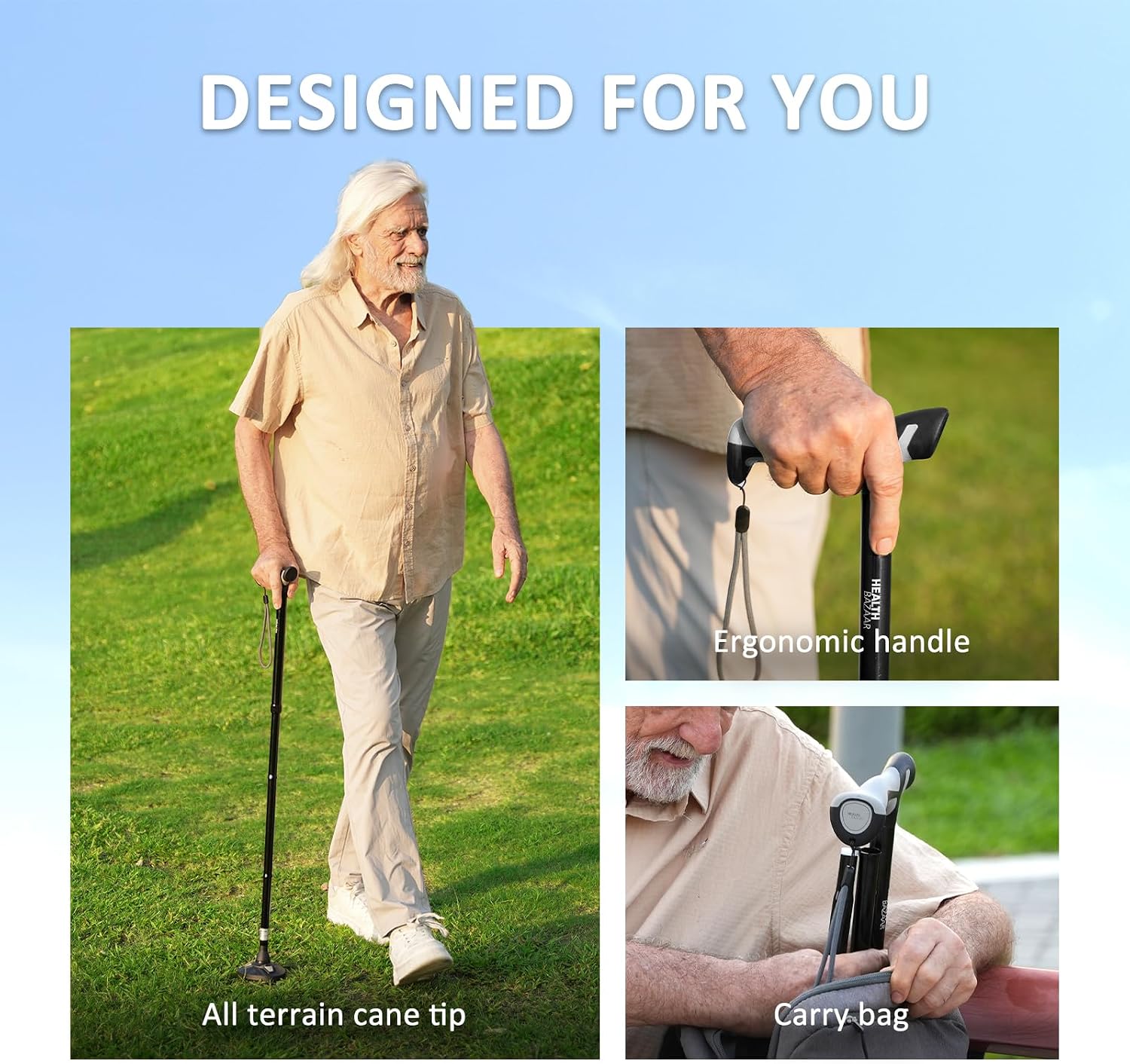 Thumbnail 4 de HEALTHBAZAAR RH1615 TRIGRIP Folding Cane, 8 Height Settings, Pivot Base, Natural Black