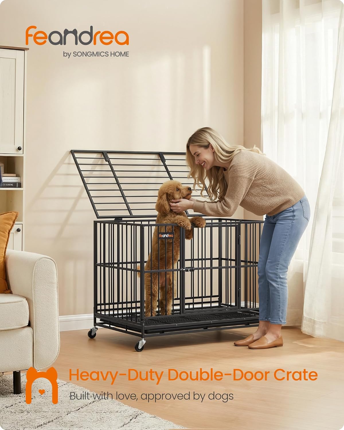 Detalle de Feandrea Heavy-Duty Dog Crate, 5-Minute Quick Assembly, Foldable Kennel with Lockable Wheels