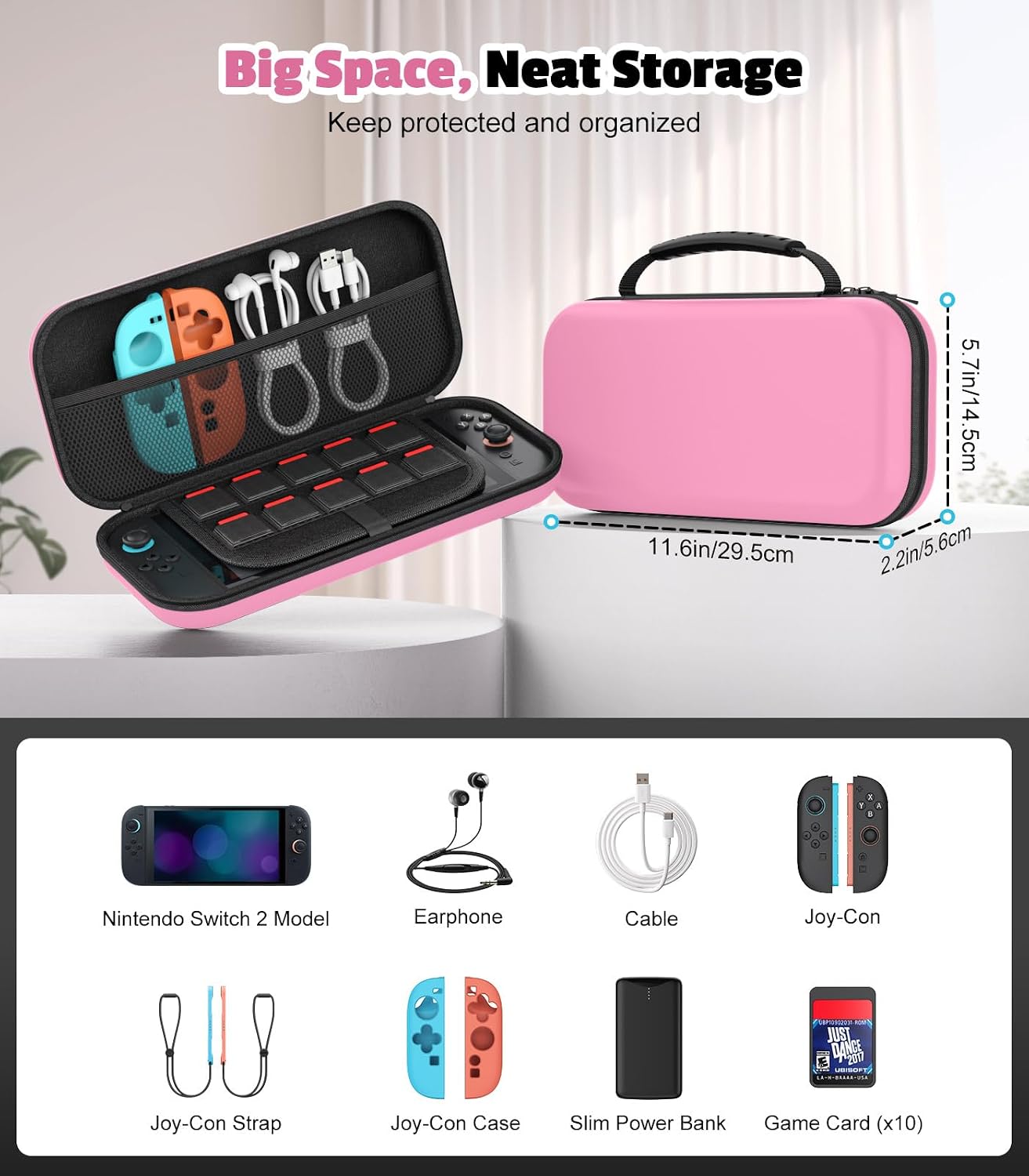 Thumbnail 3 de MoKo Carrying Case for Nintendo Switch 2 (2025) – Protective Hard Shell, 10 Game Cartridges, Pink