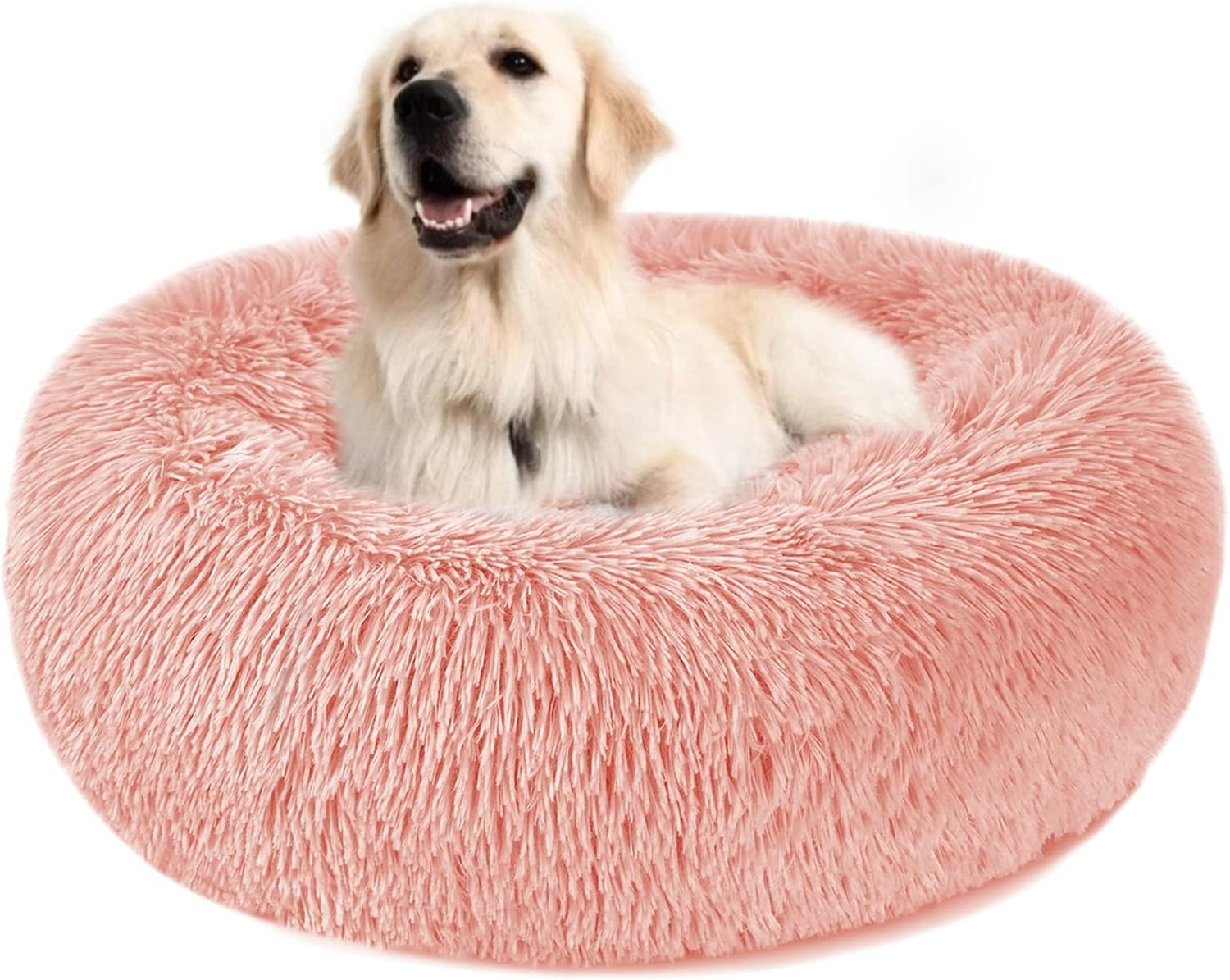 Detalle de Nepfaivy Calming Donut Dog & Cat Bed (27.5in) – Fluffy Plush Round XL-70CM in Pink