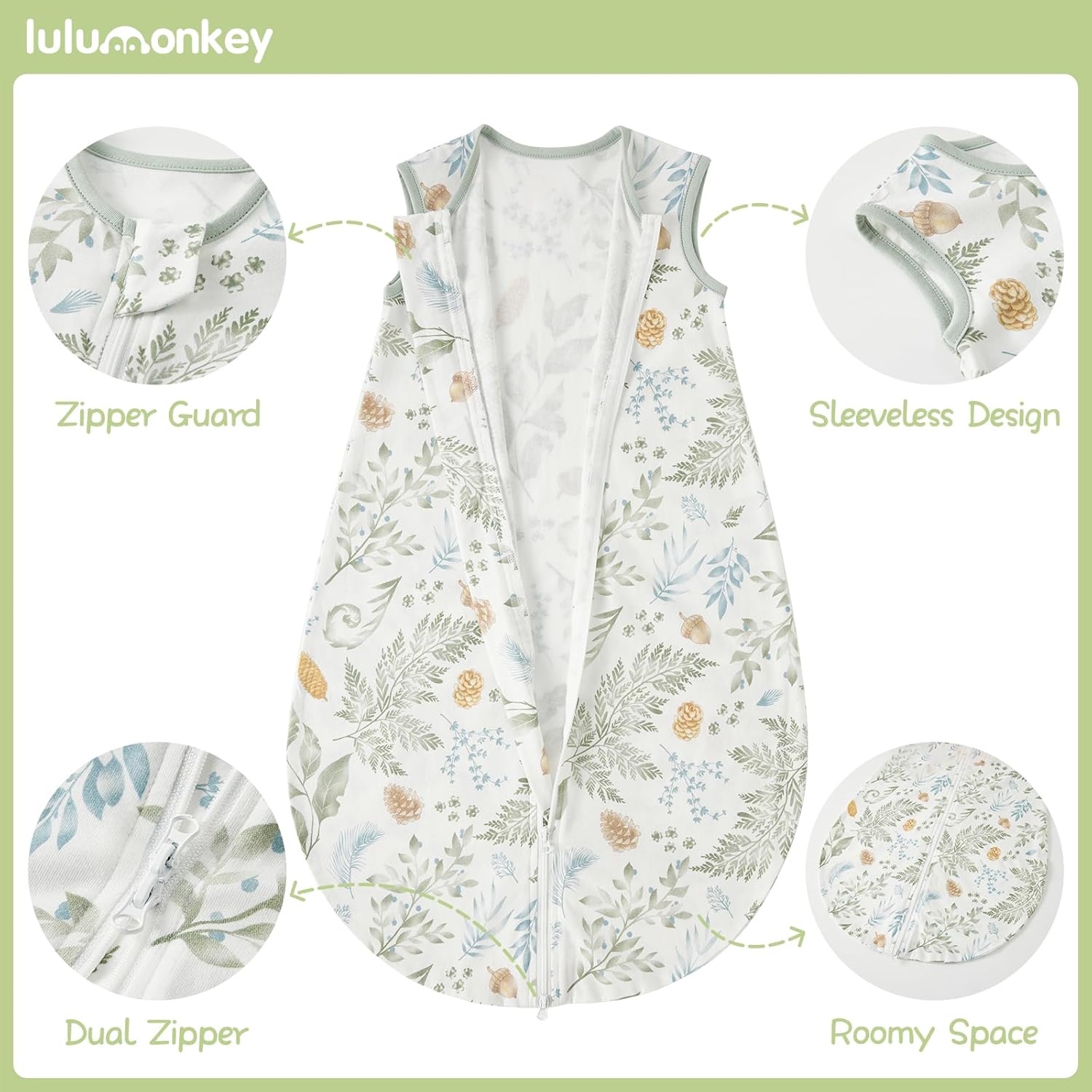 Thumbnail 3 de LULUMONKEY 0.5 Tog Baby Summer Sleeping Bag (18-36 Months) in Forest