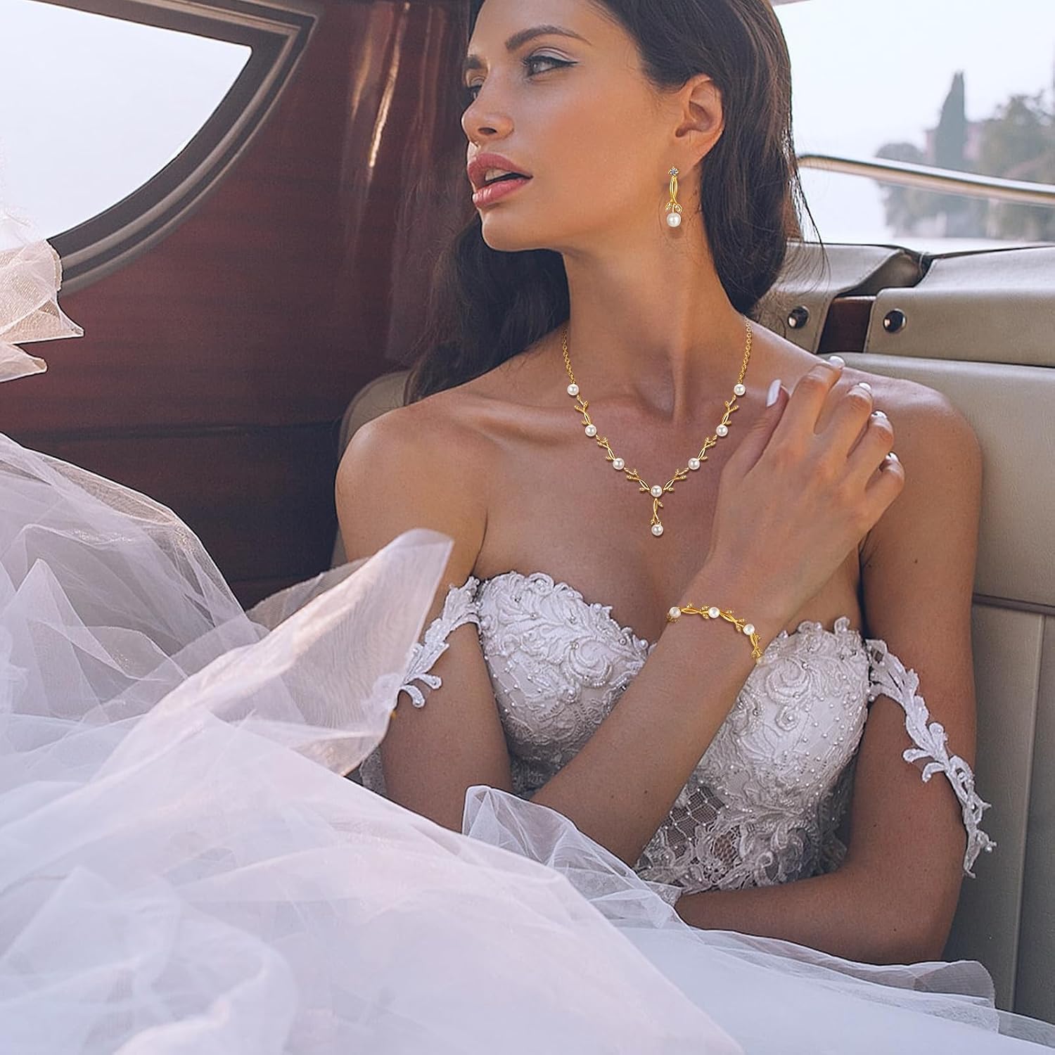 Detalle de Toplstud Hochzeit 925 Schmuckset Silbern – Halskette, Armband und Ohrringe in Blattform mit Perlen und Zirkonia