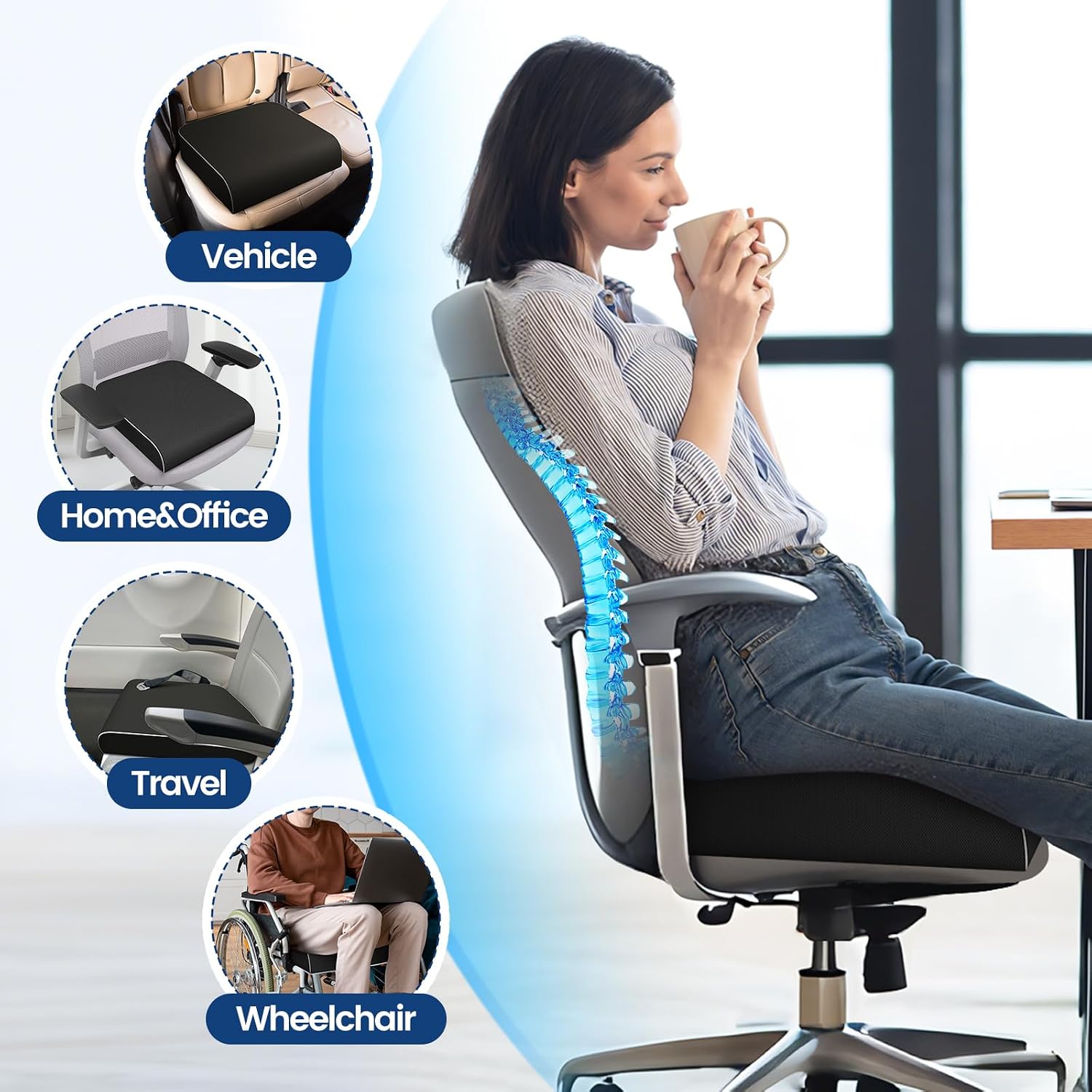 Thumbnail 3 de SweetSlubr 3-Inch Memory Foam Seat Cushion, Large Black with Washable Cover