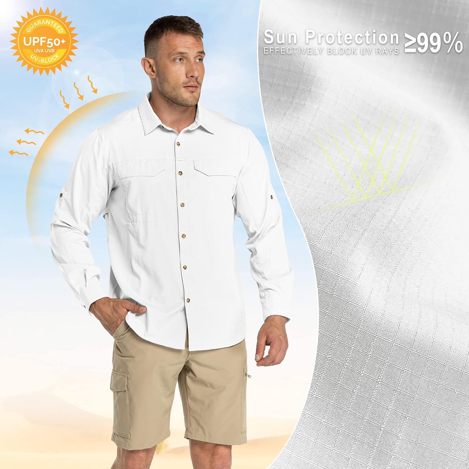 Detalle de 33,000ft Funktionshemd Herren mit UPF50+ UV-Schutz, Langarm-Button-Down für Outdoor & Sport