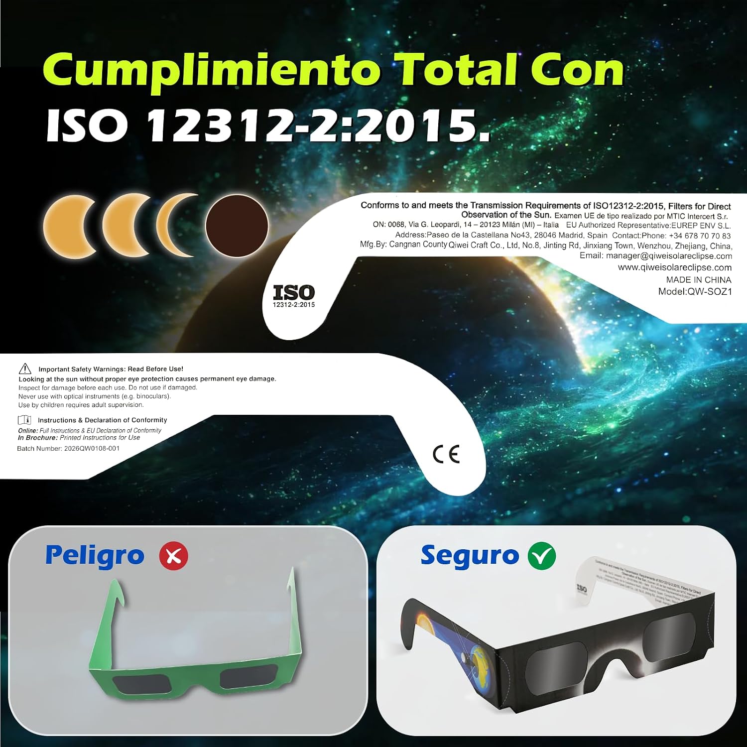 Detalle de QIWEI Gafas para eclipse solar QW-SOZ4 (pack de 4), certificadas EN ISO 12312-2