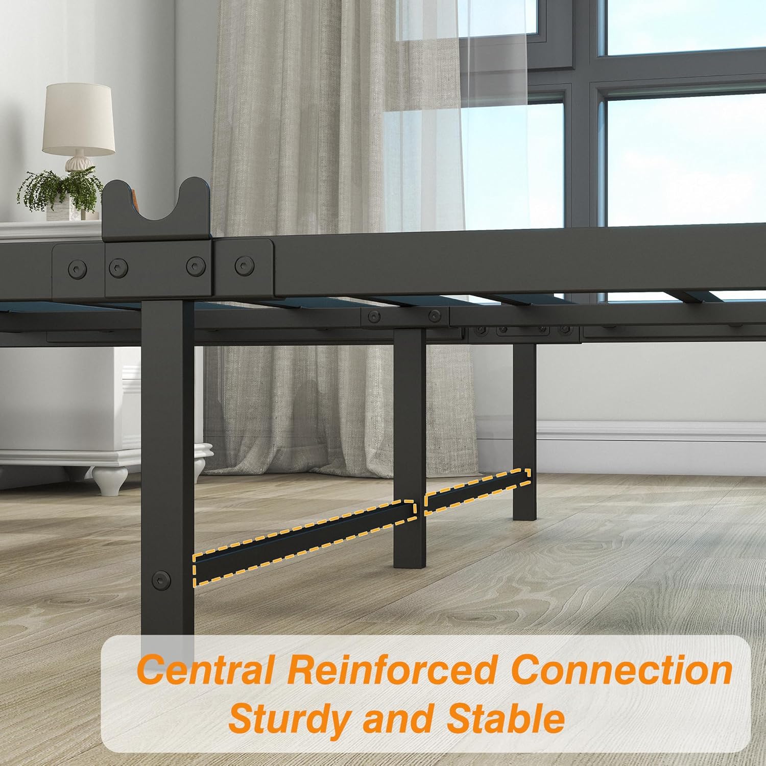 Thumbnail 5 de DUMEE Double Bed Frame with Wooden Storage Shelf Headboard and Metal Platform – Black/Grey Oak