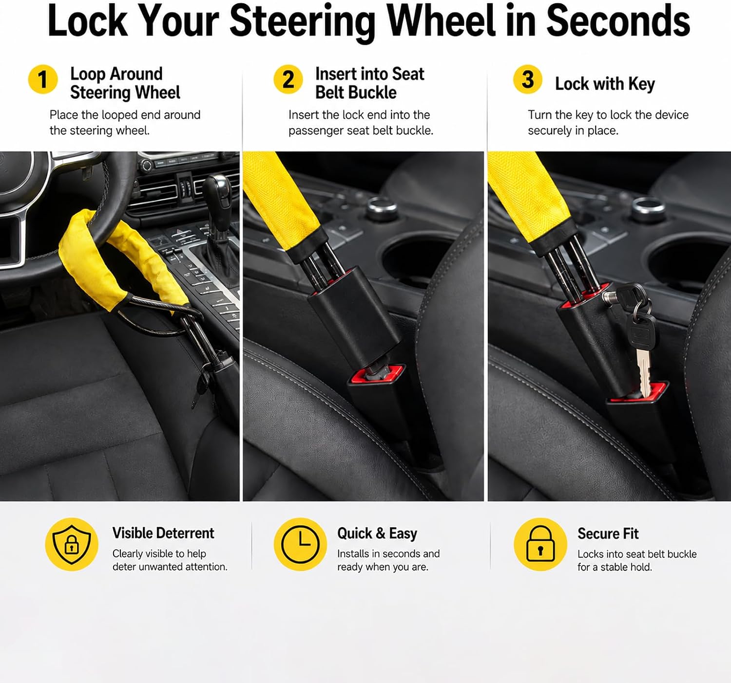 Thumbnail 2 de Steering Wheel Lock Anti Theft Device – Heavy Duty Cable Lock (Universal Fit)