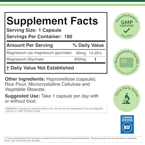 Thumbnail 1 de Magnesium Glycinate 400mg by Double Wood Supplements — 180 Capsules for Relaxation, Recovery & Mood