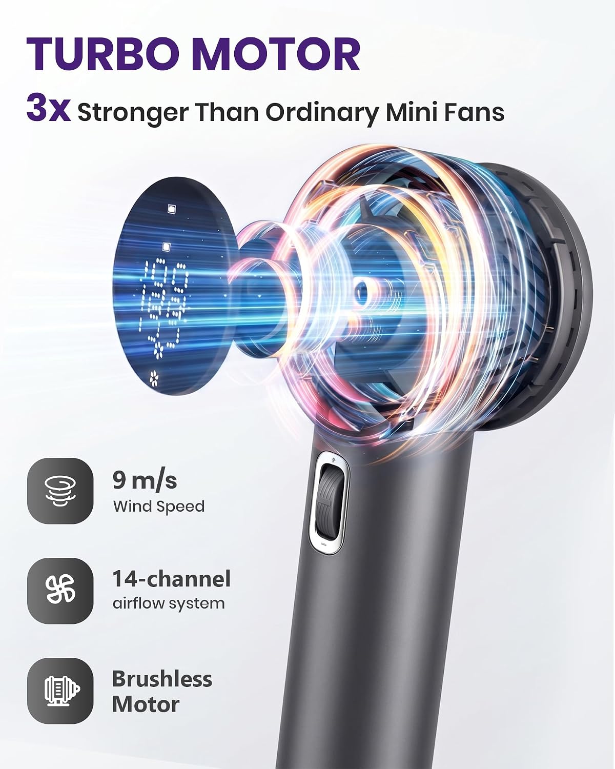 Detalle de Portable Handheld Fan 5000mAh (GF02 Grey) — Compact Turbo Personal Fan with 199 Speeds and LED Display