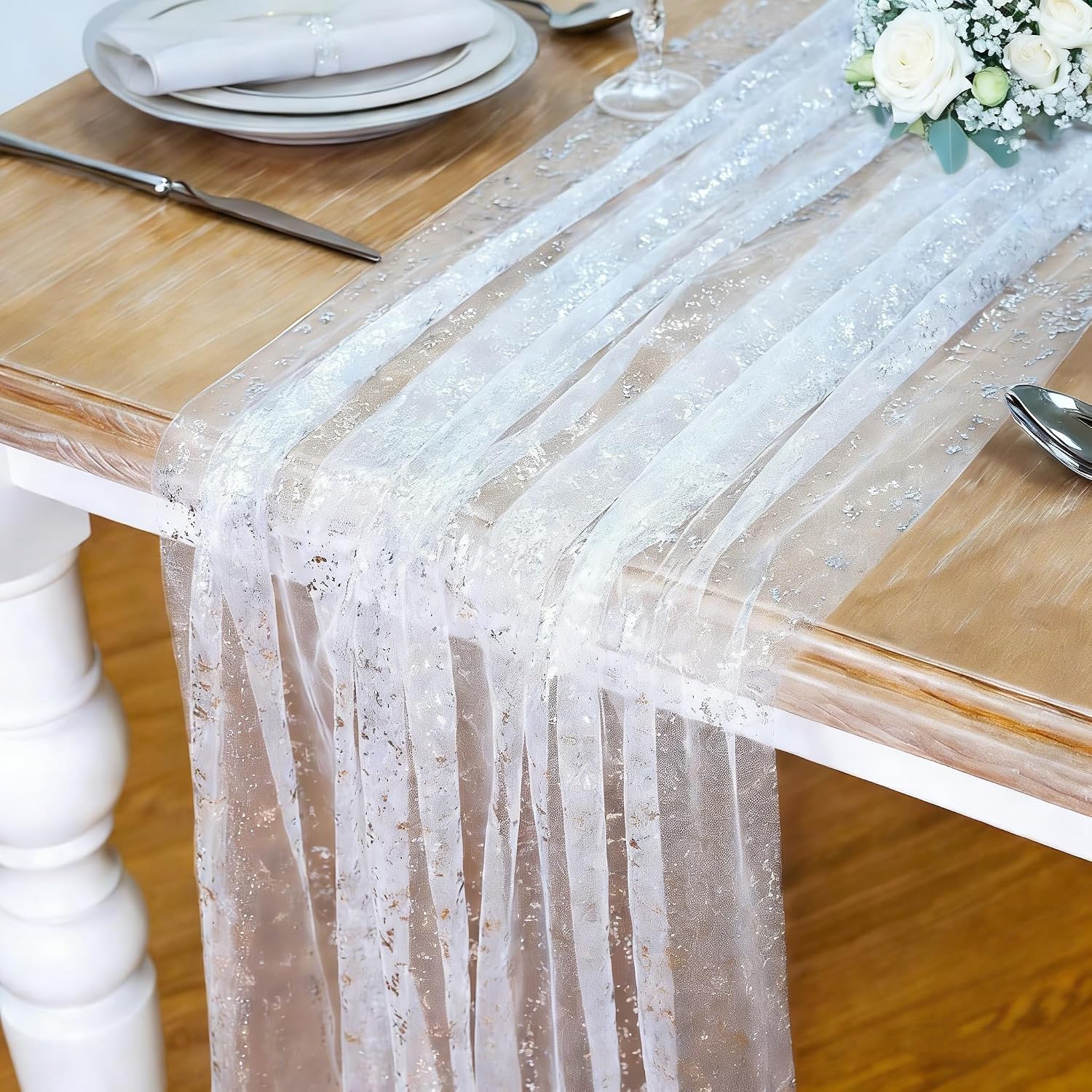 Detalle de FOLAI 4 Stück Boho Tischläufer aus Käsetuch – 90x300 cm, Cremefarben, wiederverwendbar
