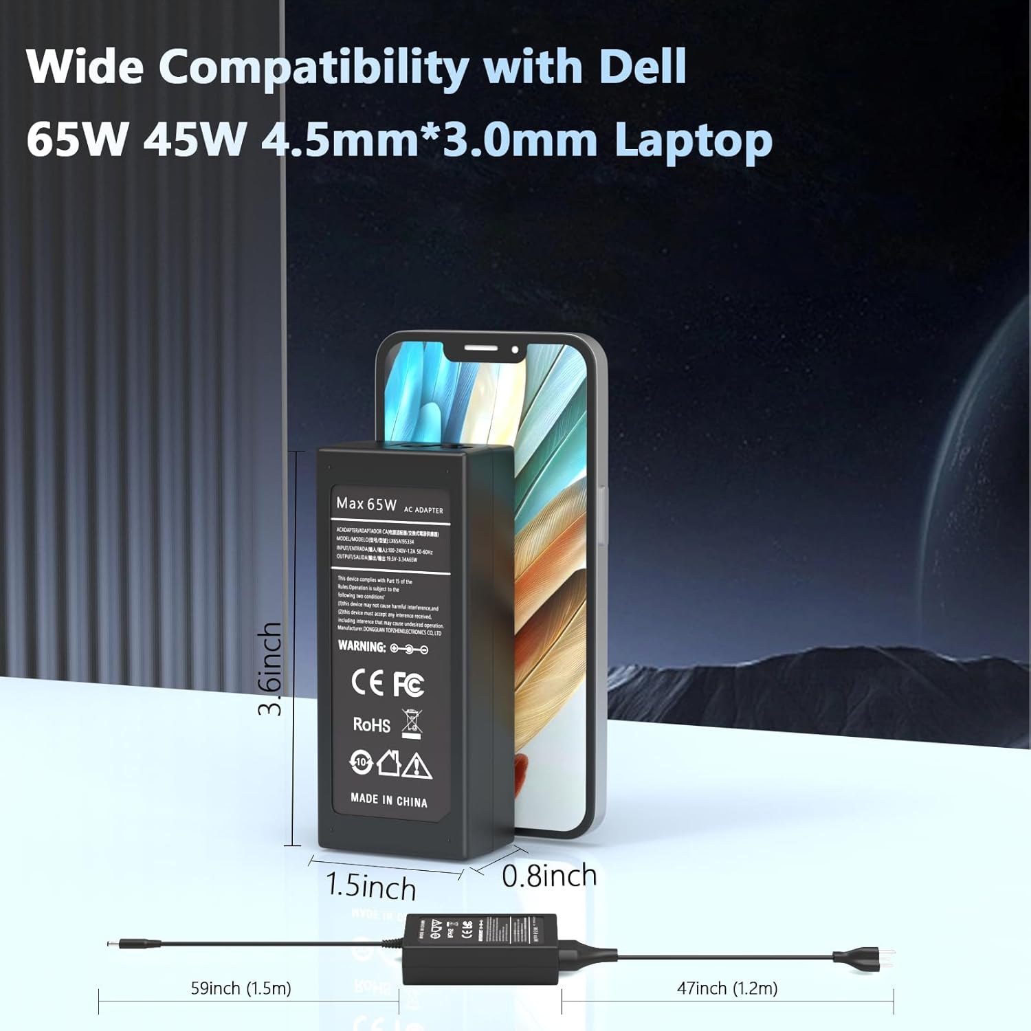 Thumbnail 4 de 65W 4.5mm AC Laptop Charger Compatible with Dell Inspiron, Latitude & Vostro (20V Output)