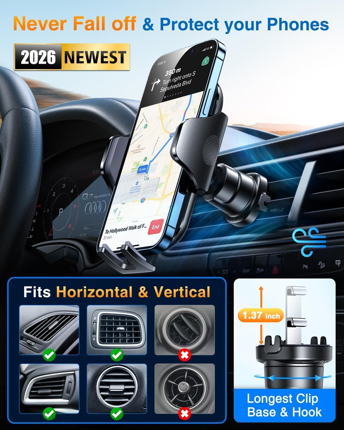 Detalle de VANMASS Car Phone Mount, 0.6-Inch Case Clearance