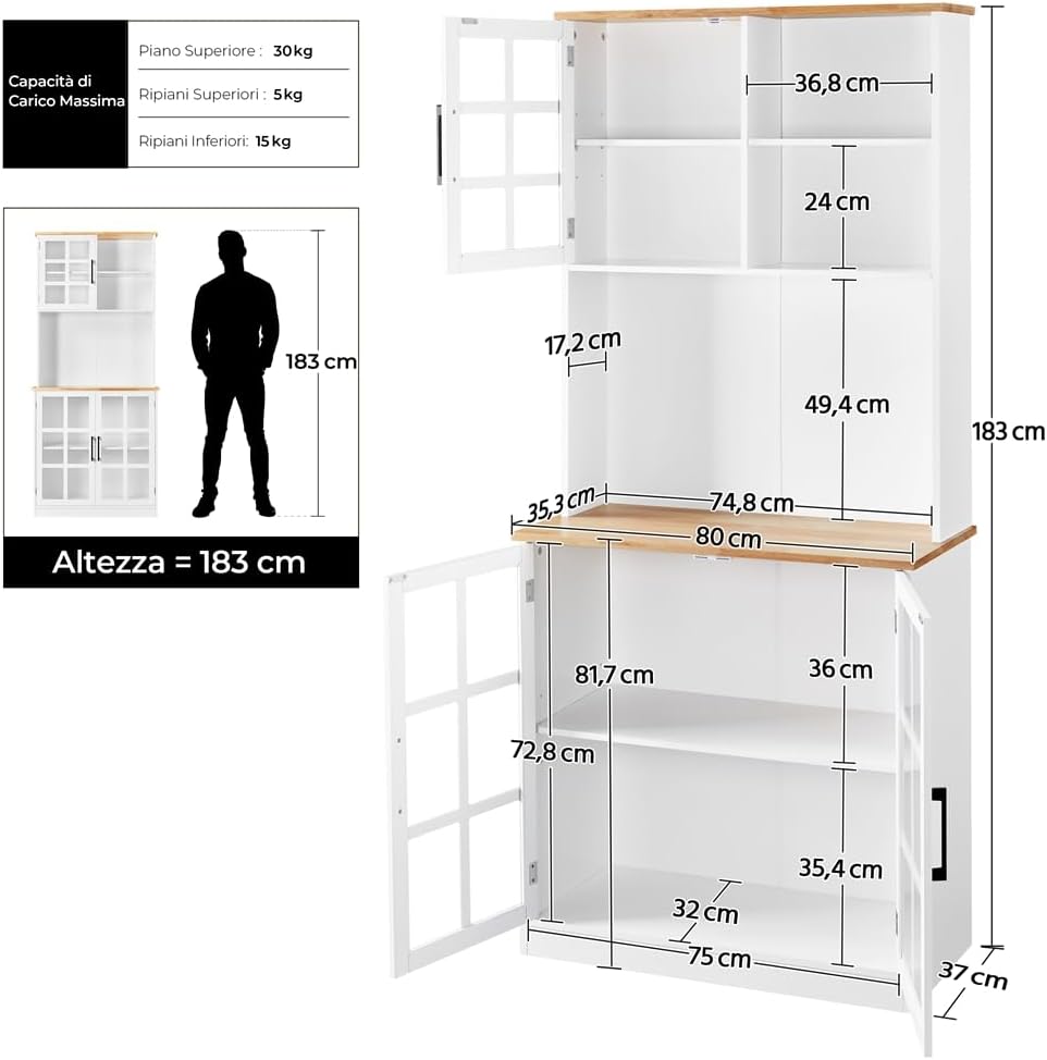 Thumbnail 1 de Yaheetech Credenza Cucina Alta Mobile Dispensa Buffet 80 x 37 x 183 cm in Bianco