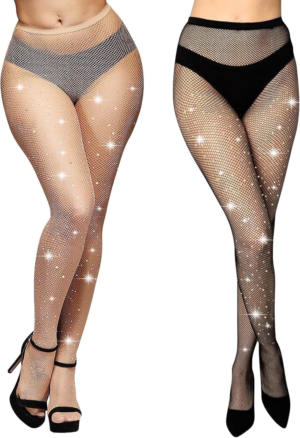 Detalle de Aomig damesvisnetpanty met gekleurde strass, hoge taille, acryl, 2-pack
