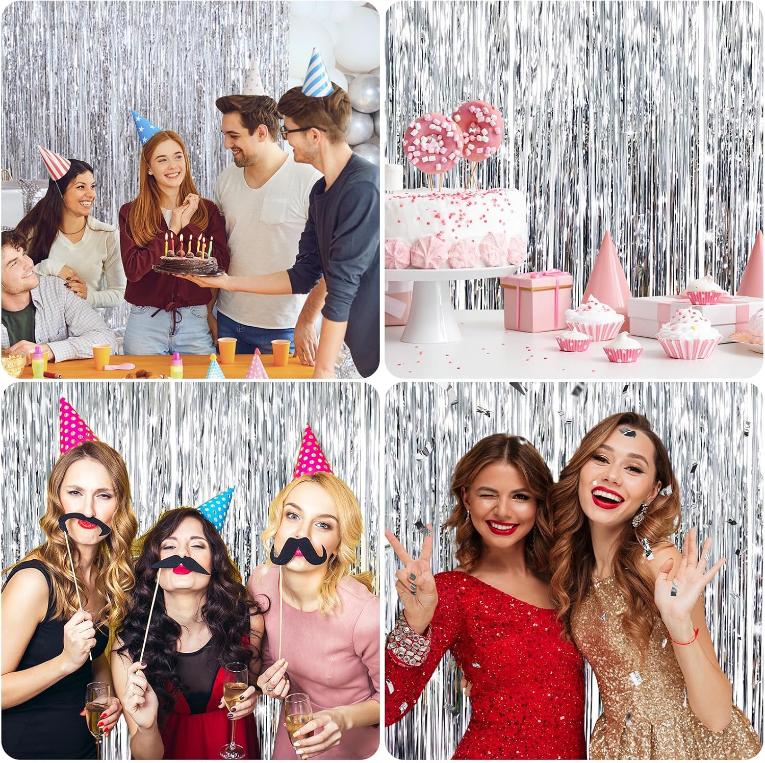 Thumbnail 4 de Bigqin 4 Pack Silver Tinsel Curtain Backdrop – 1m x 2m, Self-Adhesive Foil Curtains