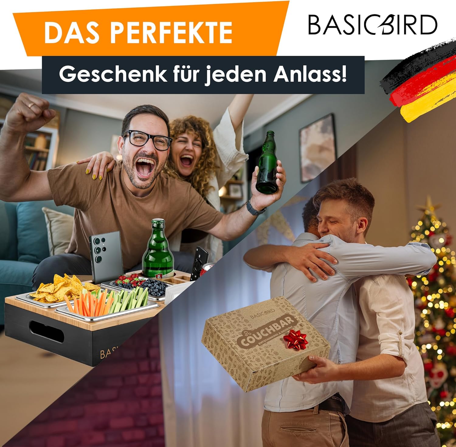 Thumbnail 5 de BASICBIRD® Couchbar Snackbox: Organizer-Tablett mit 3 Snackschalen, Getränkehalter und Fächern (Black Body)