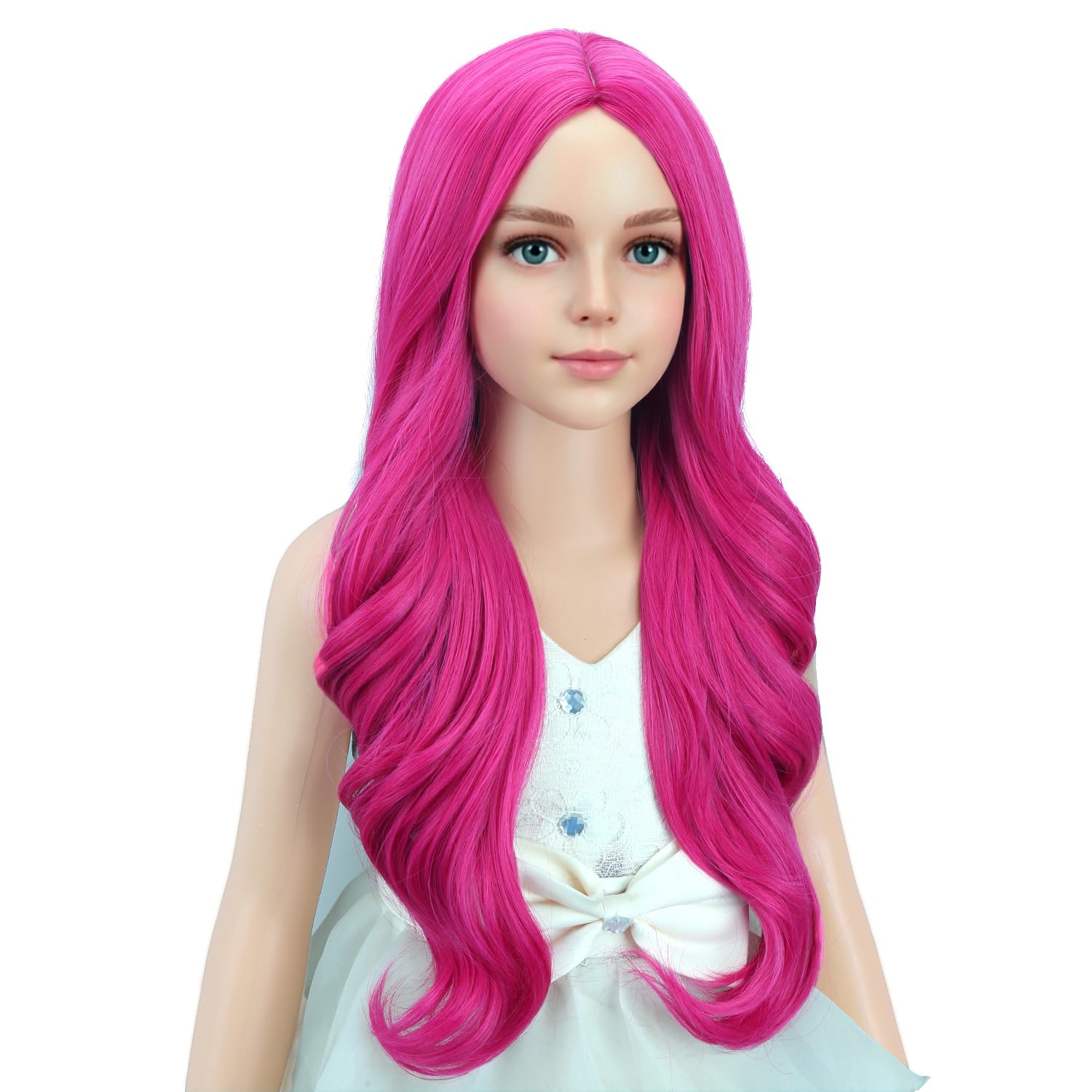 Detalle de PATTNIUM Hot Pink Long Wavy Wig for Kids, 22-Inch Synthetic Hair