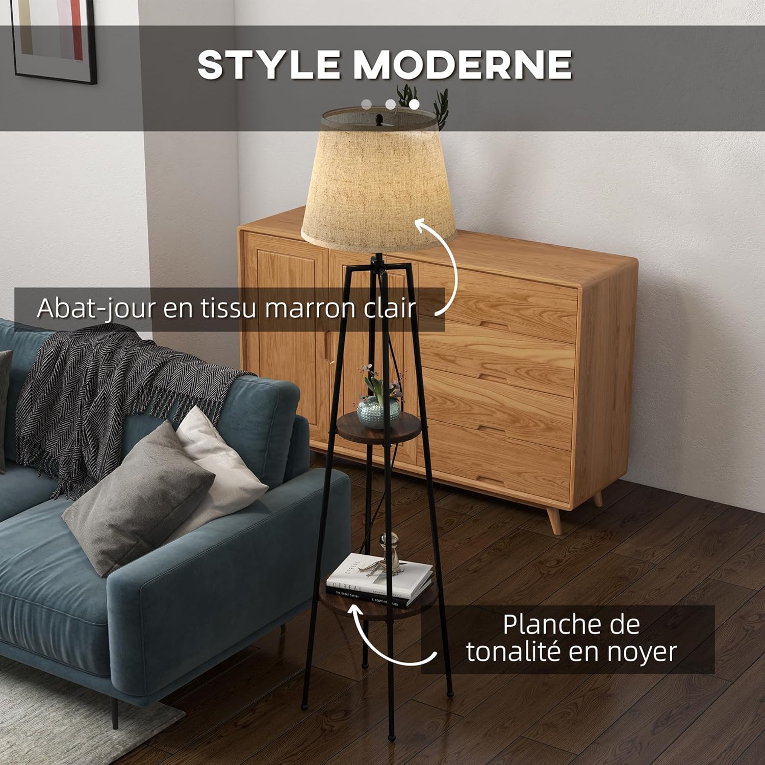 Thumbnail 2 de HOMCOM Lampadaire sur pied avec 2 étagères – design moderne, abat-jour tissu, noir marron