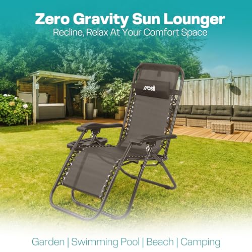 Thumbnail 6 de Mosii Sun Loungers Set of 2: Heavy Duty Zero Gravity Garden Chairs with Cup Holders, Headrest Pillow and Folding Design