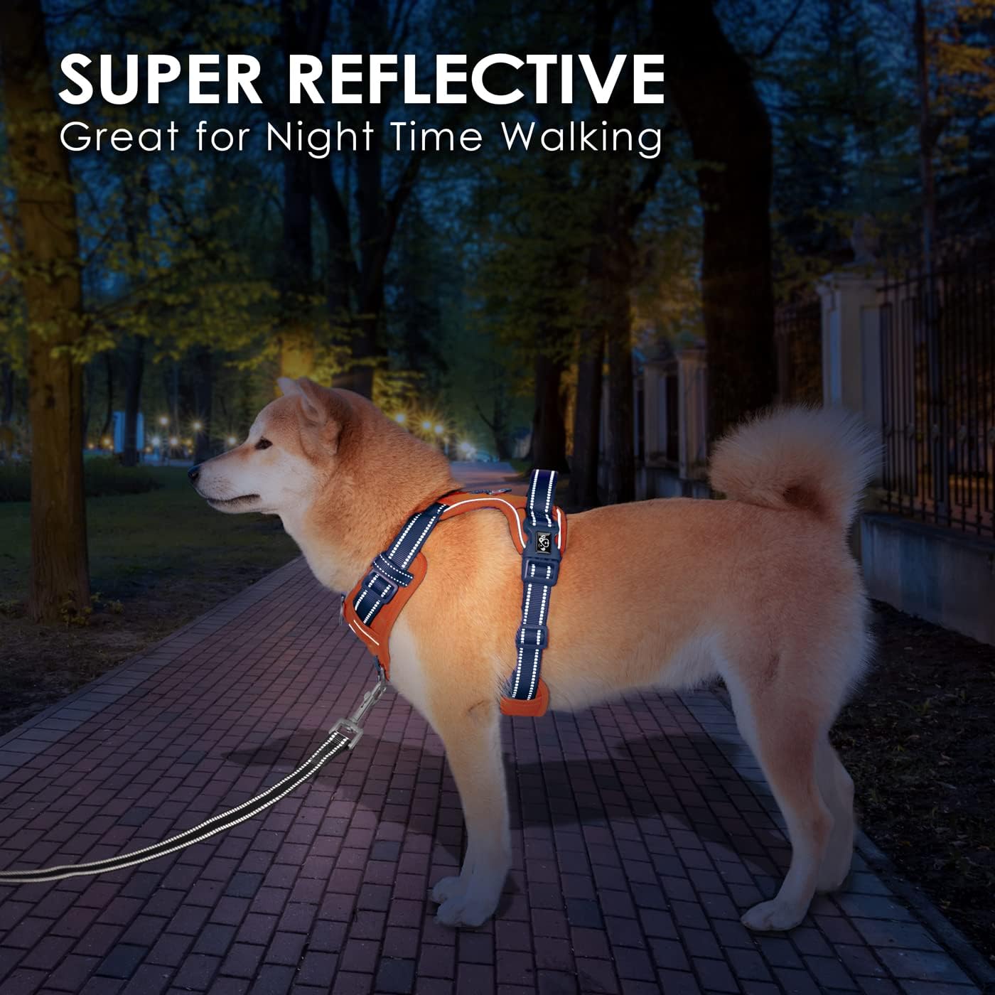 Detalle de PHOEPET No Pull Dog Harness with Escape Proof Design – Front & Back D‑Rings, Reflective, Adjustable (Orange Base & Blue Straps) – Size L