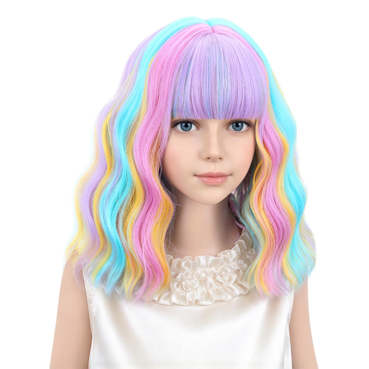 Detalle de PATTNIUM Multicolor Rainbow Wig for Kids with Bangs, Wavy Heat-Resistant Hair