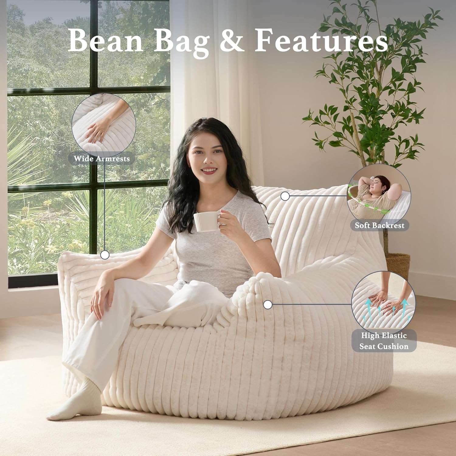 Detalle 2 de Giant Plush Bean Bag Chair Oversized Beige 🛋