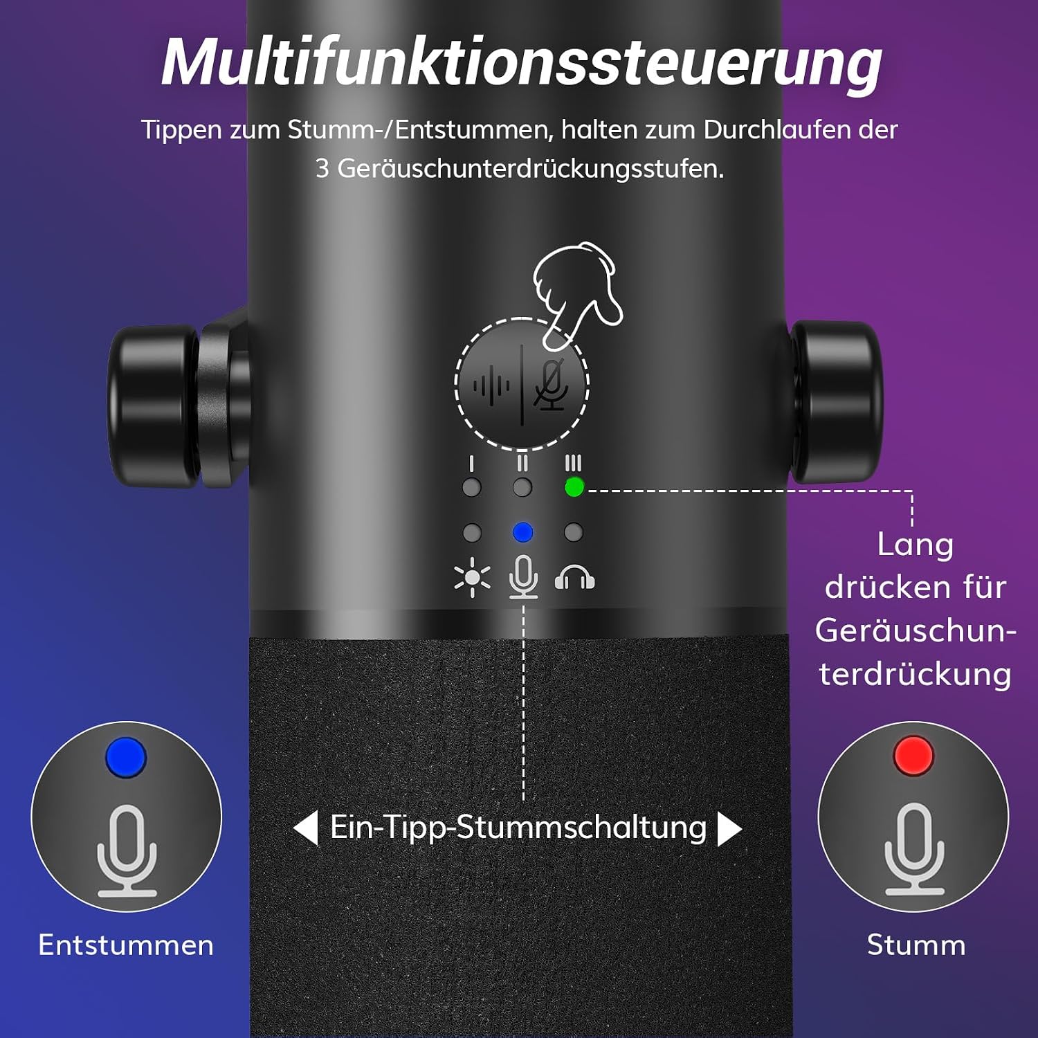 Detalle 2 de TONOR Dynamisches Gaming-Mikrofon: USB/XLR-Kombi mit KI-Geräuschunterdrückung und RGB-Beleuchtung