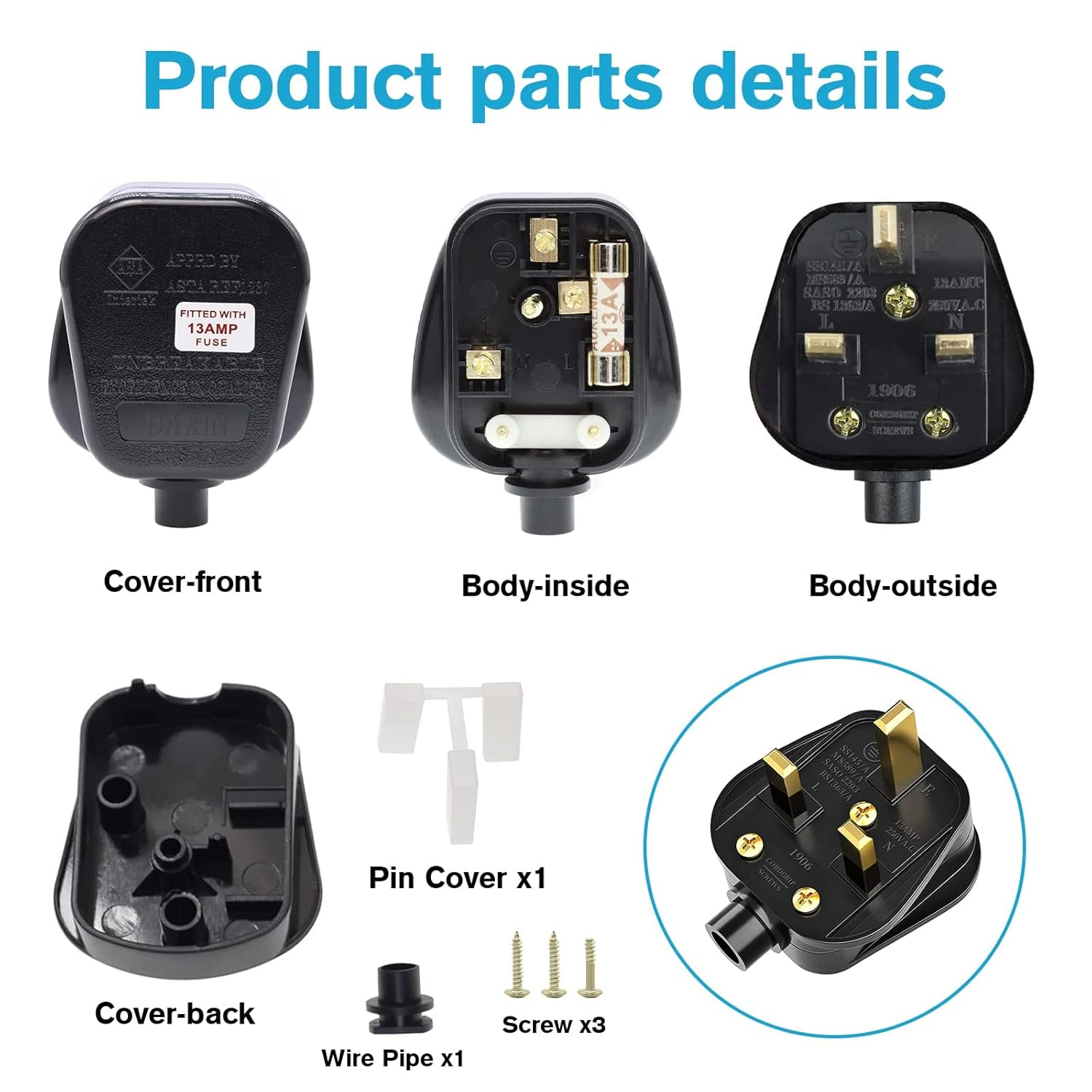 Thumbnail 3 de 8-Pack Rubber Composite Rewireable 13 Amp Fused 3-Pin UK Plugs with Cord Grip (Black)