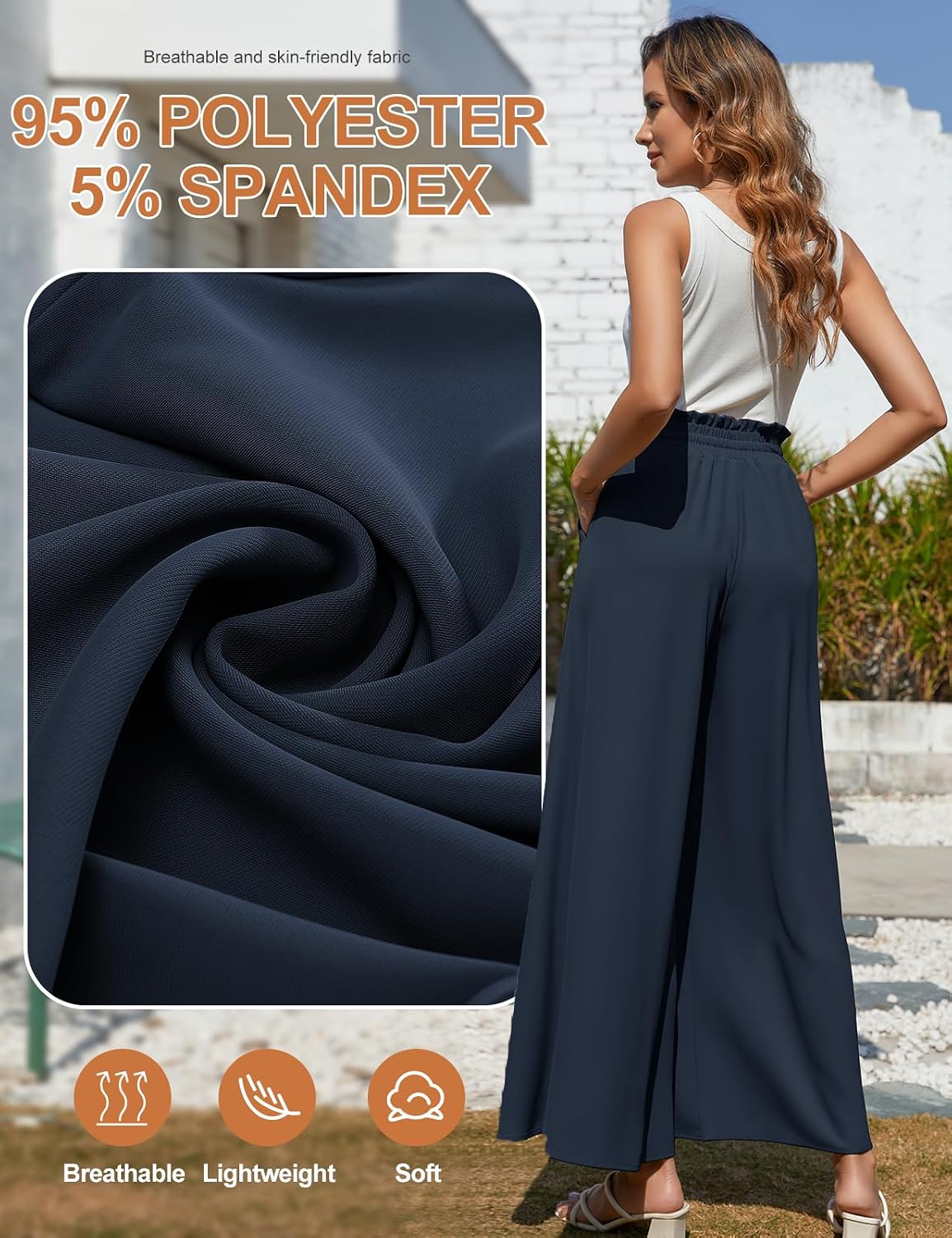 Detalle de CMTOP Pantalon femme fluide d’été à taille haute élastique, jambes larges et poches