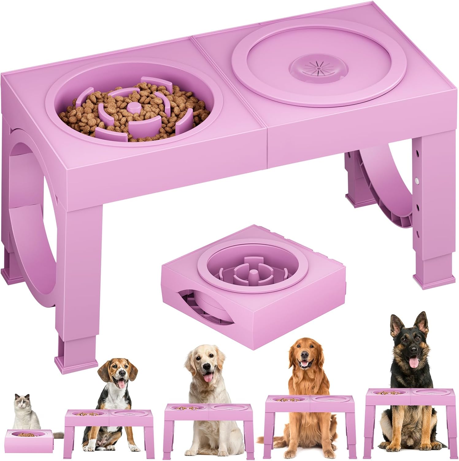 Detalle de XiaZ C-Pink New Elevated Dog Bowl Stand with Adjustable Height and Slow-Feed Bowls