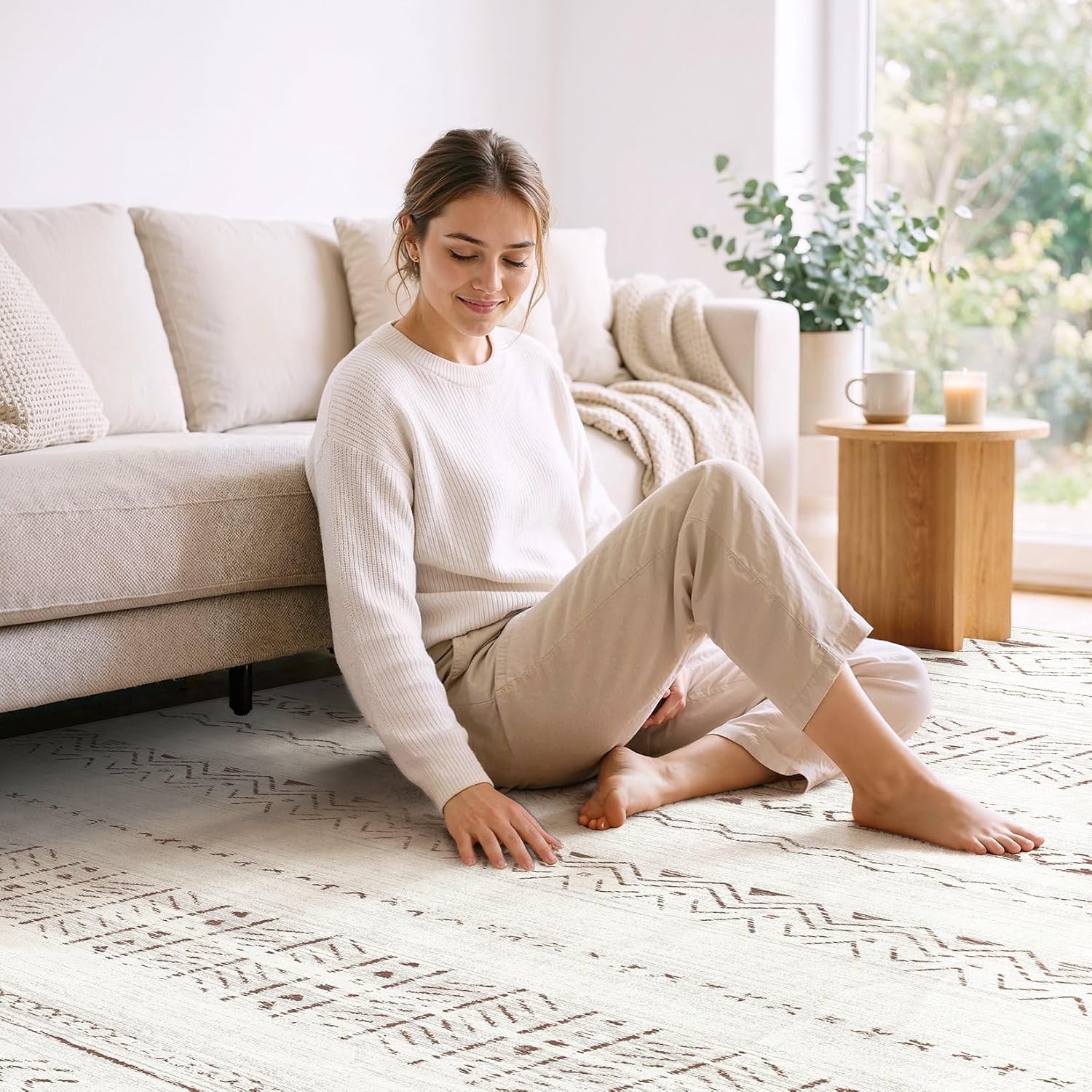 Detalle 2 de cotiled 6x9 Boho Washable Area Rug for Living Room (L Brown/Cream) — Non-Slip, Stain-Resistant