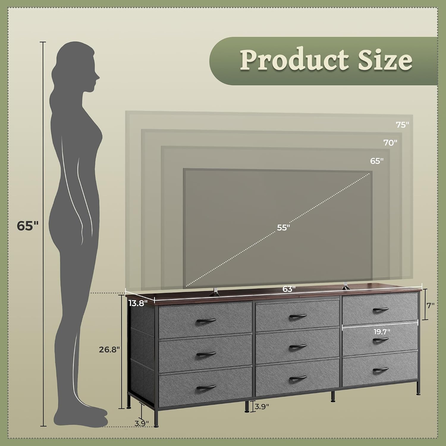 Detalle de Huuger 63 Inch Dresser — 9-Drawer TV Stand for 70" TVs
