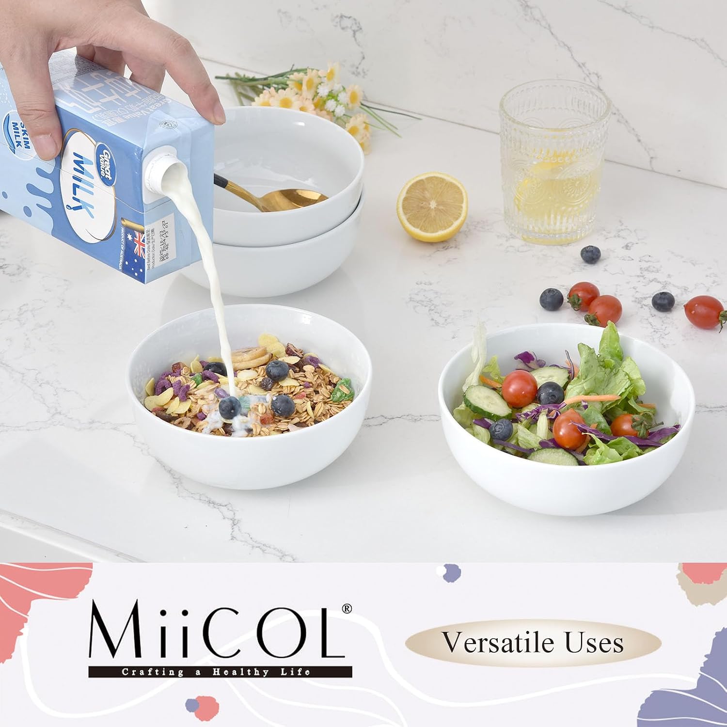 Detalle de Miicol Bowl55 Porcelain Bowls, Set of 4, 590 ml, White, Microwave Safe