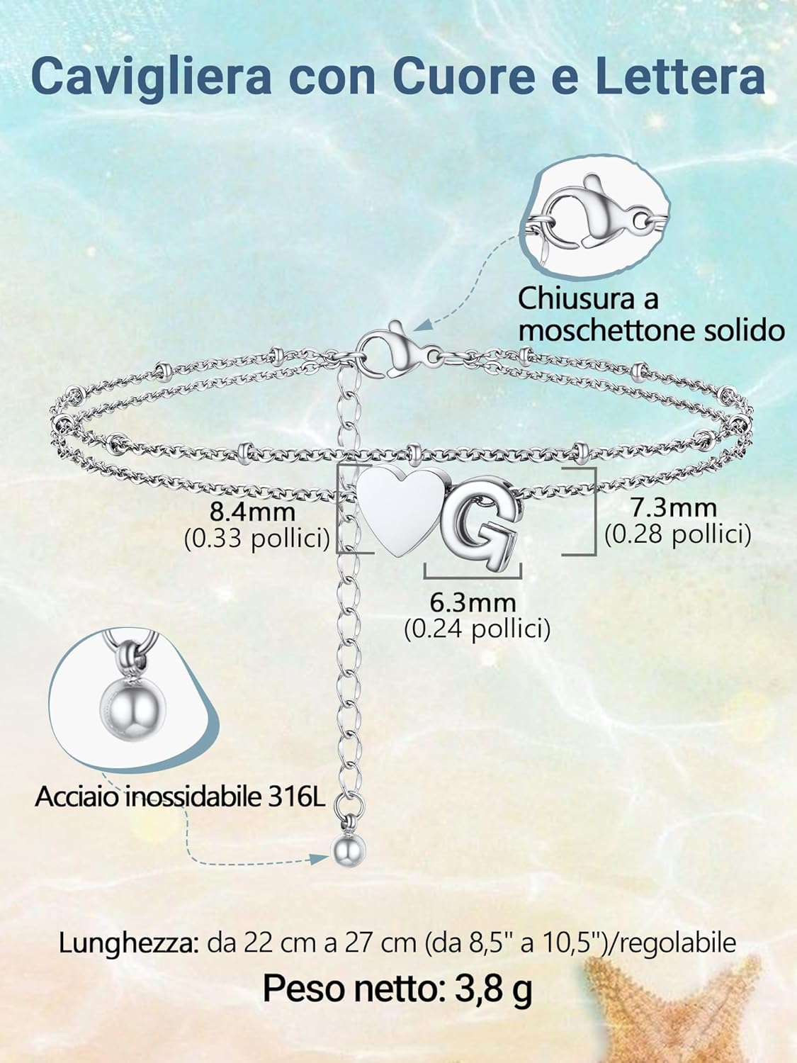 Thumbnail 3 de Cavigliera PROSTEEL A-Z a doppio strato in acciaio 316L con cuore e iniziali A-Z