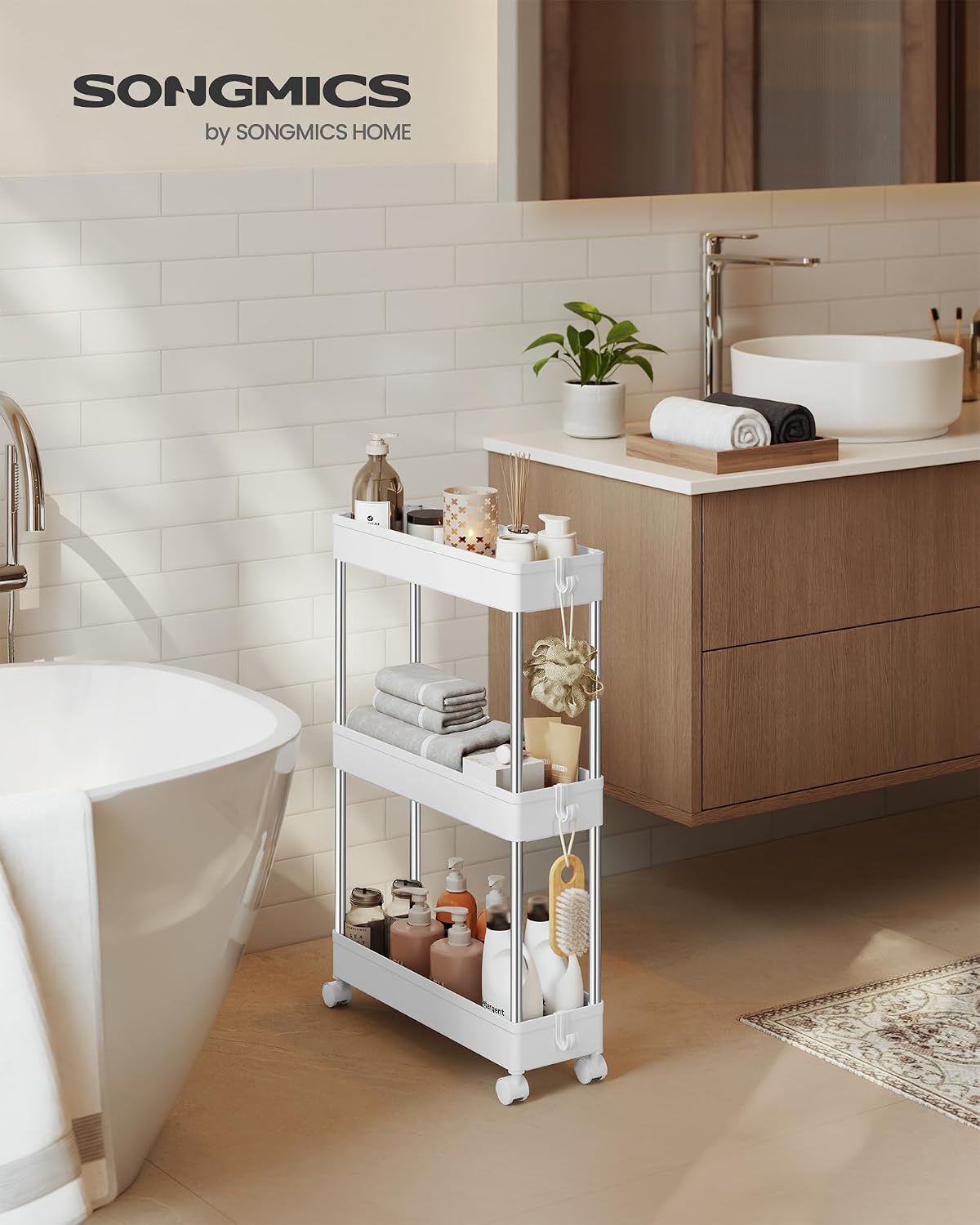 Detalle 2 de SONGMICS Carrello Portaoggetti a 3 Livelli KSC007W01: efficiente, snello e versatile per casa, cucina e ufficio