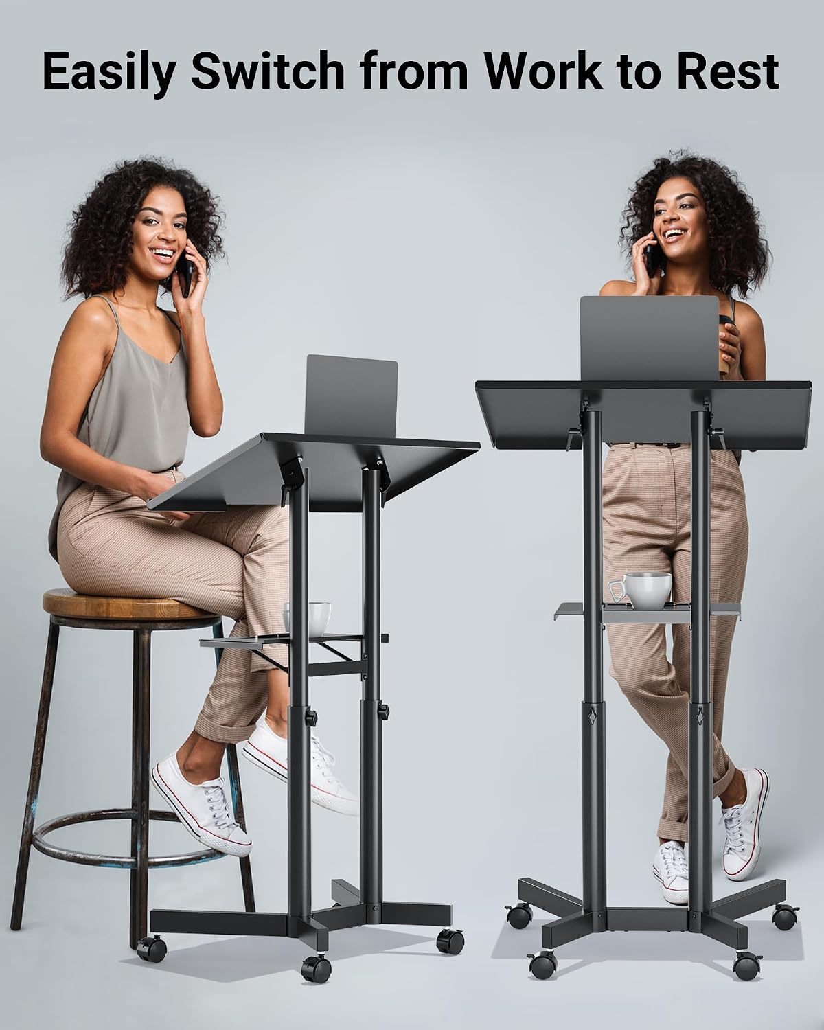 Thumbnail 6 de BONTEC Adjustable Mobile Laptop Desk with Wheels (60x40 cm) – Rolling Stand-Up Workstation