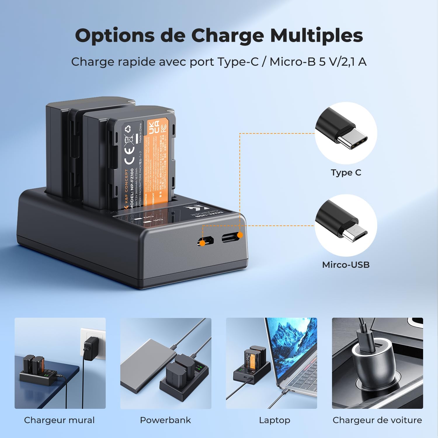 Thumbnail 4 de K&F CONCEPT Batterie NP-FZ100 avec chargeur à double fente (compat. Sony A7 III, A7 IV, A7C, ZV-E1, FX3, A9…)