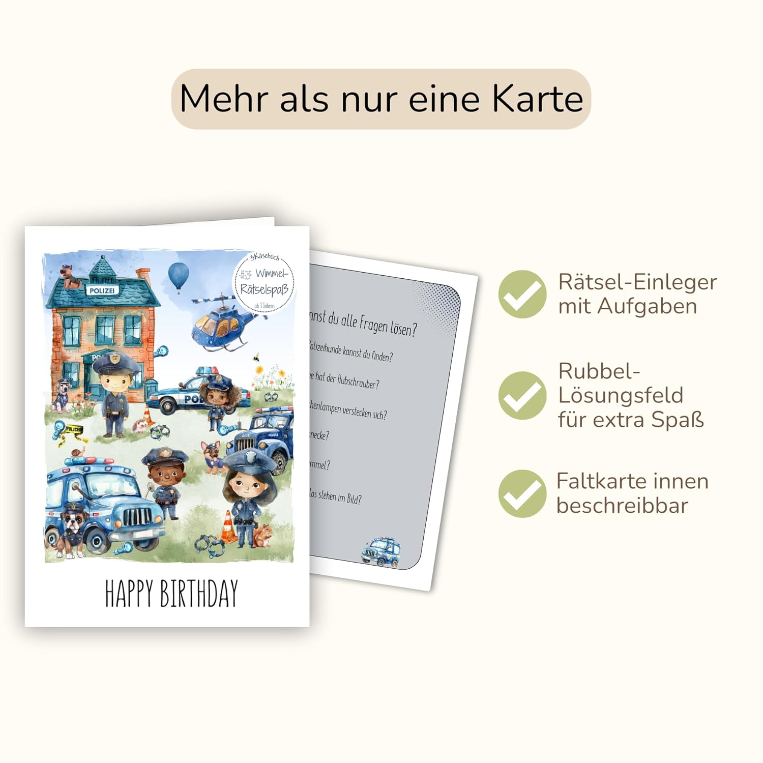 Detalle 2 de 3Käsehoch Geburtstagskarte für Kinder Polizei – Wimmelkarte mit Rätsel ab 3 Jahren