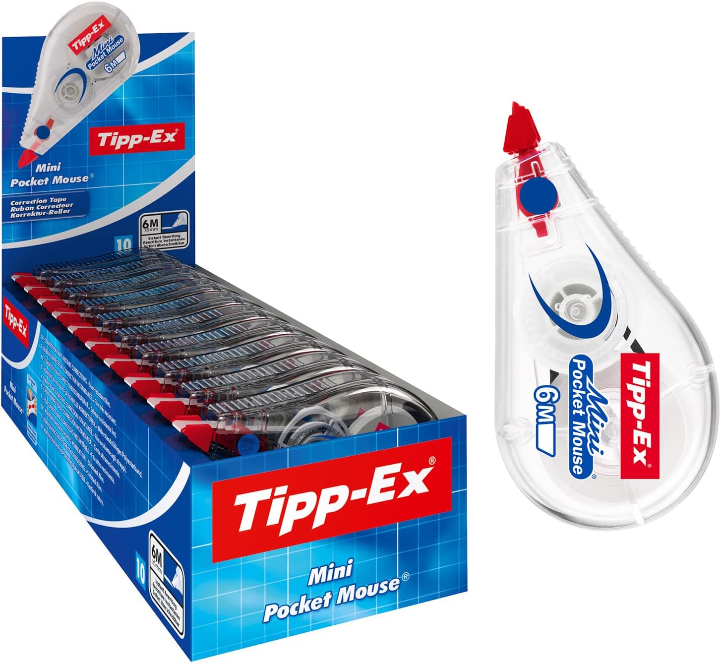 Tipp-Ex Mini Pocket Mouse Plastic Tape – Box of 10 (6 m) with Tear-Resistant, Smooth Glide, White