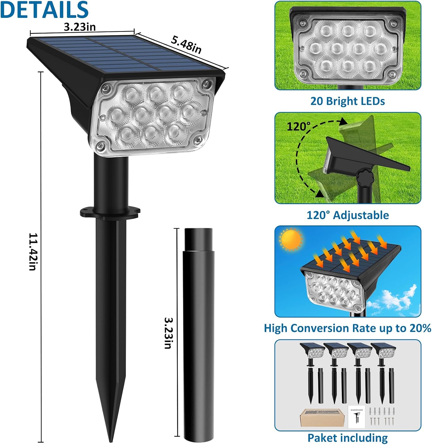 Detalle de T-SUNUS Solarstrahler Außen 20 LEDs – 4 Stück gracile Grün, IP65, 2 Helligkeitsstufen
