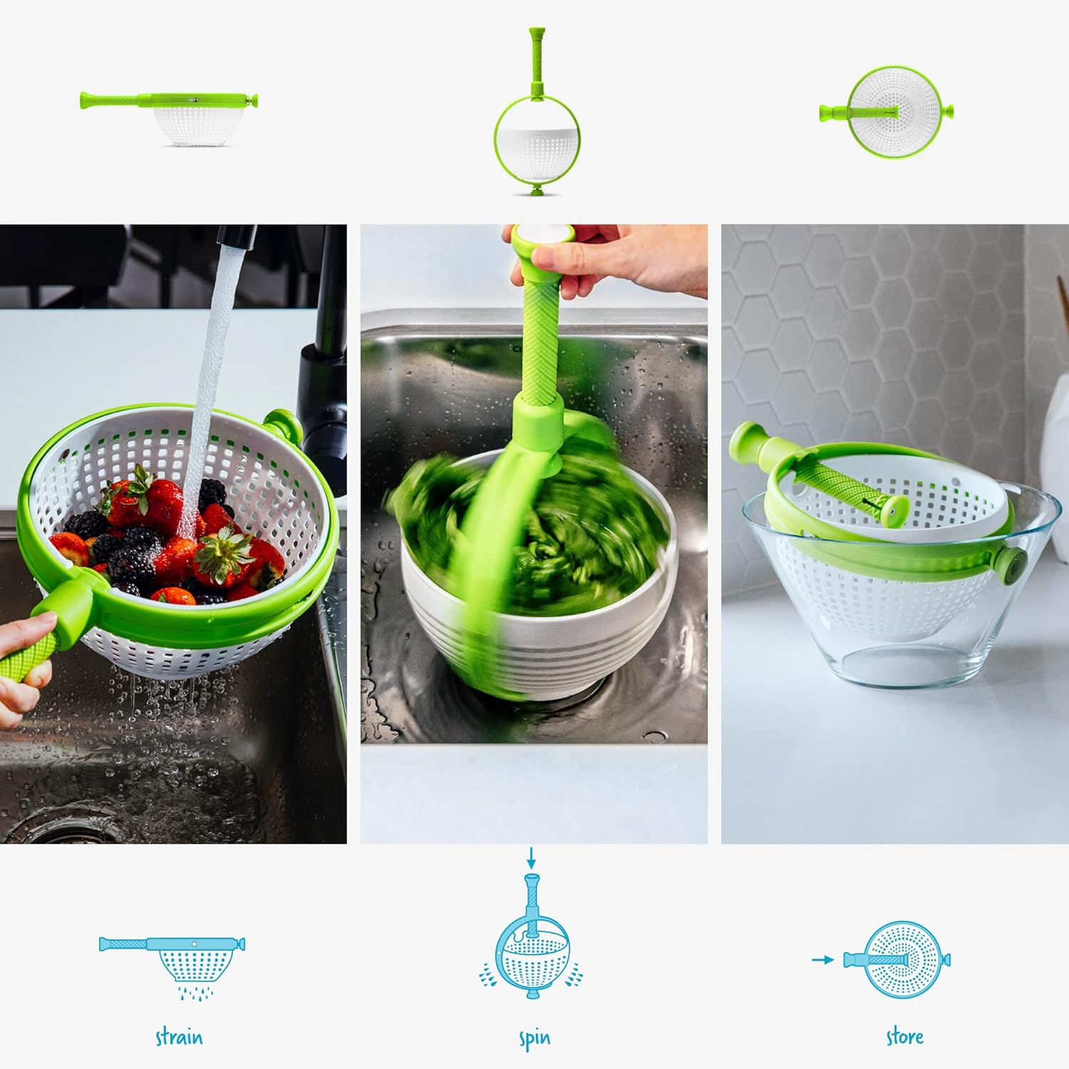 Detalle de Dreamfarm Spina 2-in-1: Collapsible Salad Spinner & Straining Colander (3 Quart) in White/Green